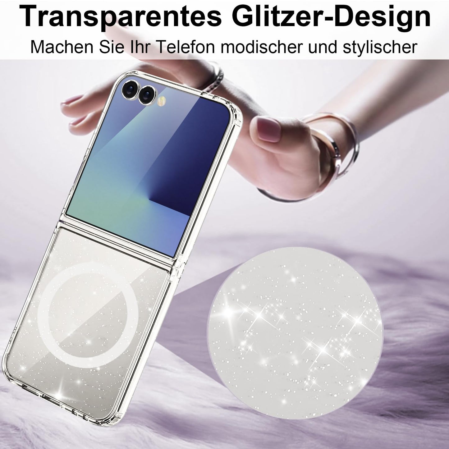 Samsung Galaxy Z Flip7 Glitter Shockproof Case Compatible with MagSafe Non-Yellowing – Clear