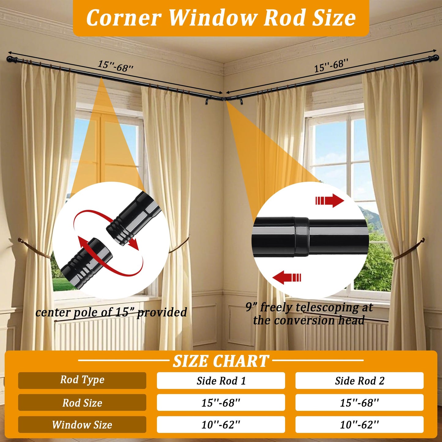 Curtain Rods, L-Shaped Curved Curtain Rods for Windows 76-345 cm, 2.5 cm Diameter Heavy-Duty Curtain Rods for Bedroom, Living