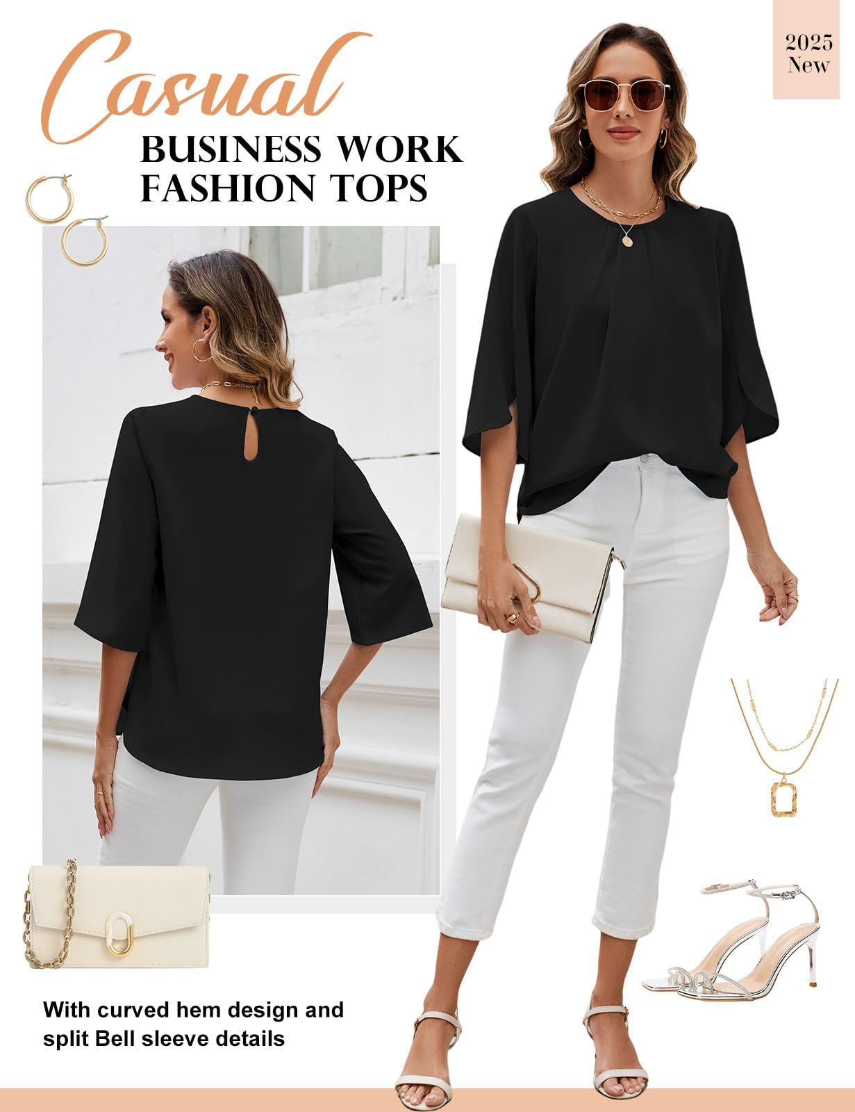 Women's 3/4 Sleeve Chiffon Blouse Crew Neck Split Sleeve – Black XXL