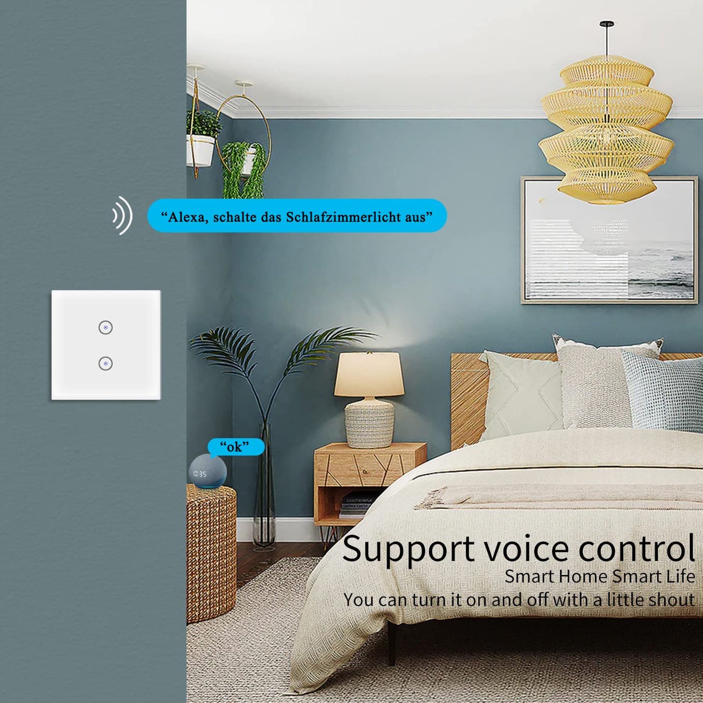 Smart Light Switch 2 Gang Wi-Fi Alexa & Google Compatible with Timer Function – White
