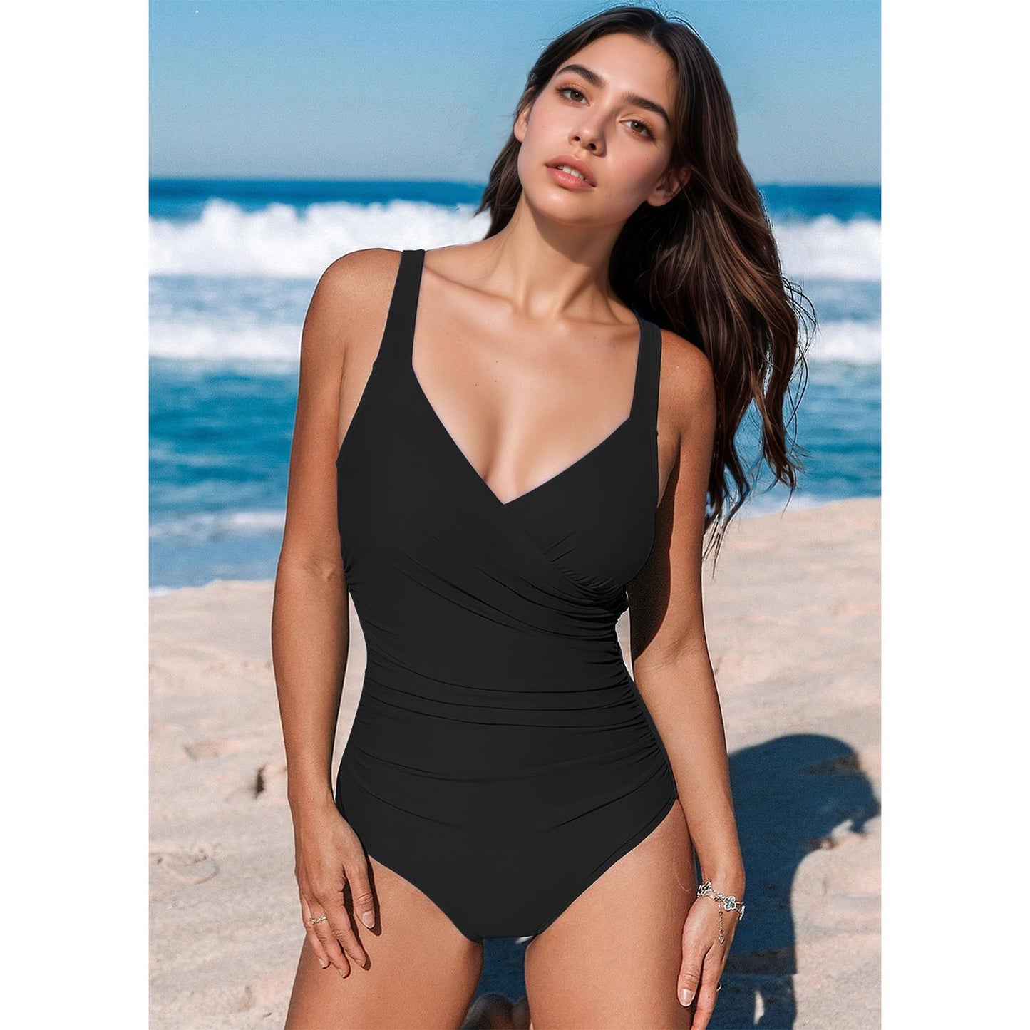 OUSIMEN Women's One-Piece Swimsuit with V-Neck Back Cutout Tummy Control Adjustable Straps Swimwear Swimsuit