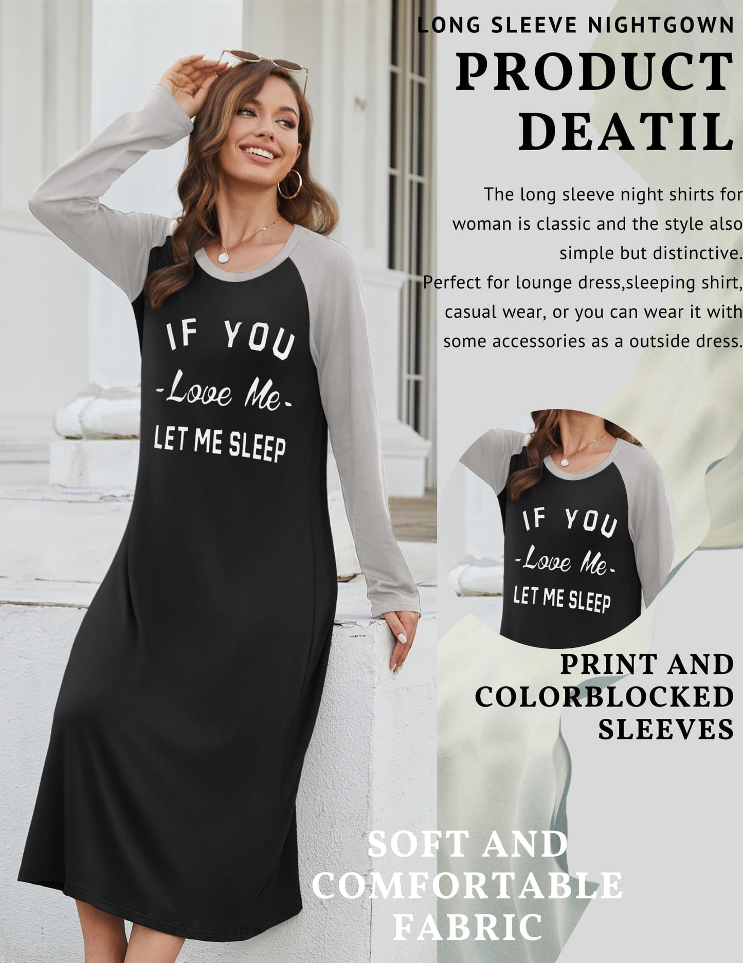 Ekouaer Women's Long Sleeve Nightgown Printed Crew Neck Soft Lightweight – Black XXL
