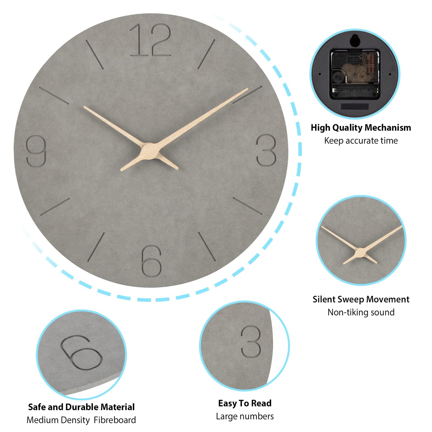 Warminn MDF Wooden Wall Clock Without Ticking Noise Silent Modern 30cm Quartz Large Battery Operated Wall Clock Easy to Read
