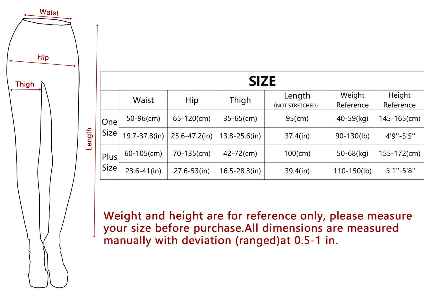 Women's Winter Tights Fleece-Lined Elastic Waistband One Size Plus – Black