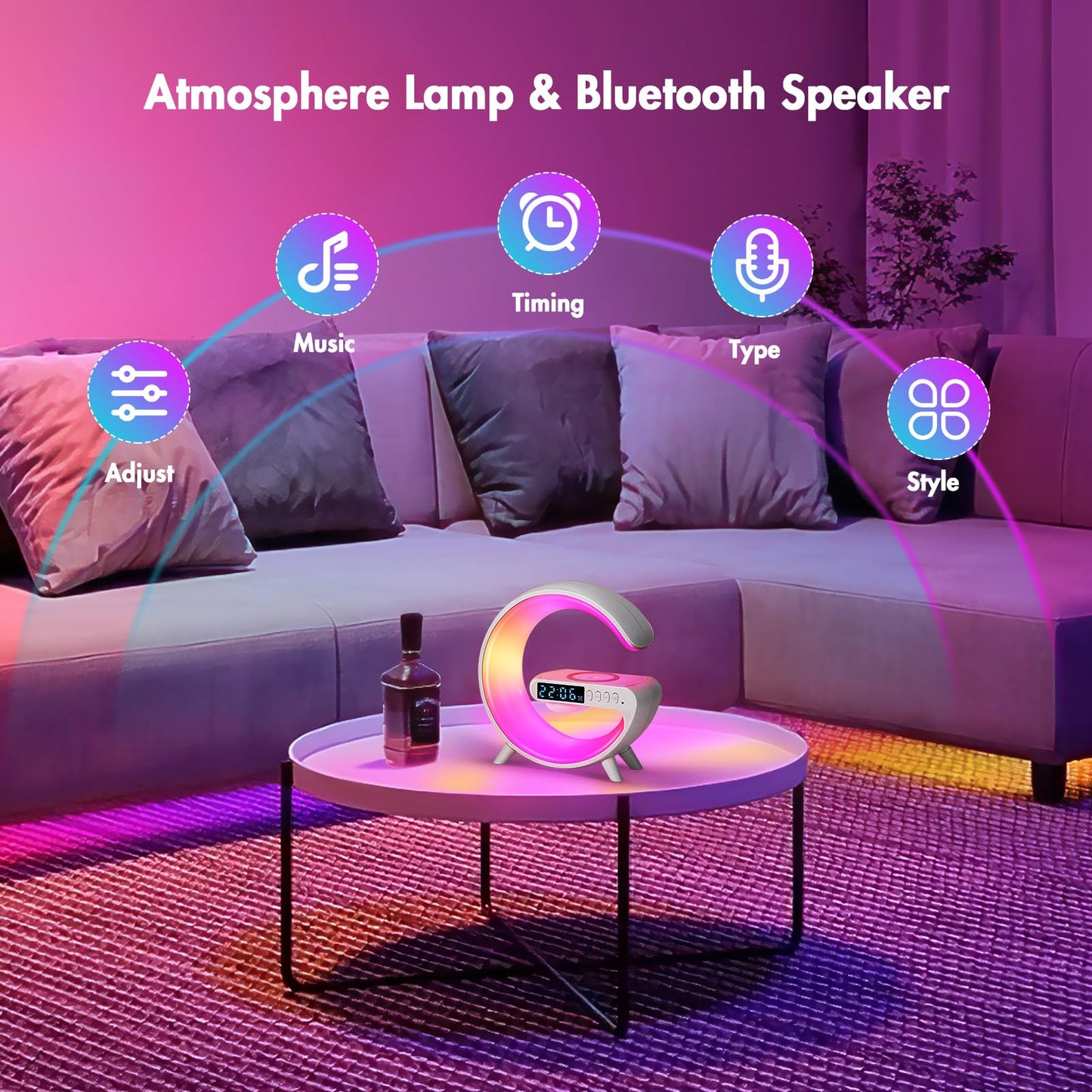Smart LED Bedside Lamp Wireless Charger Bluetooth Speaker Dimmable - One Size
