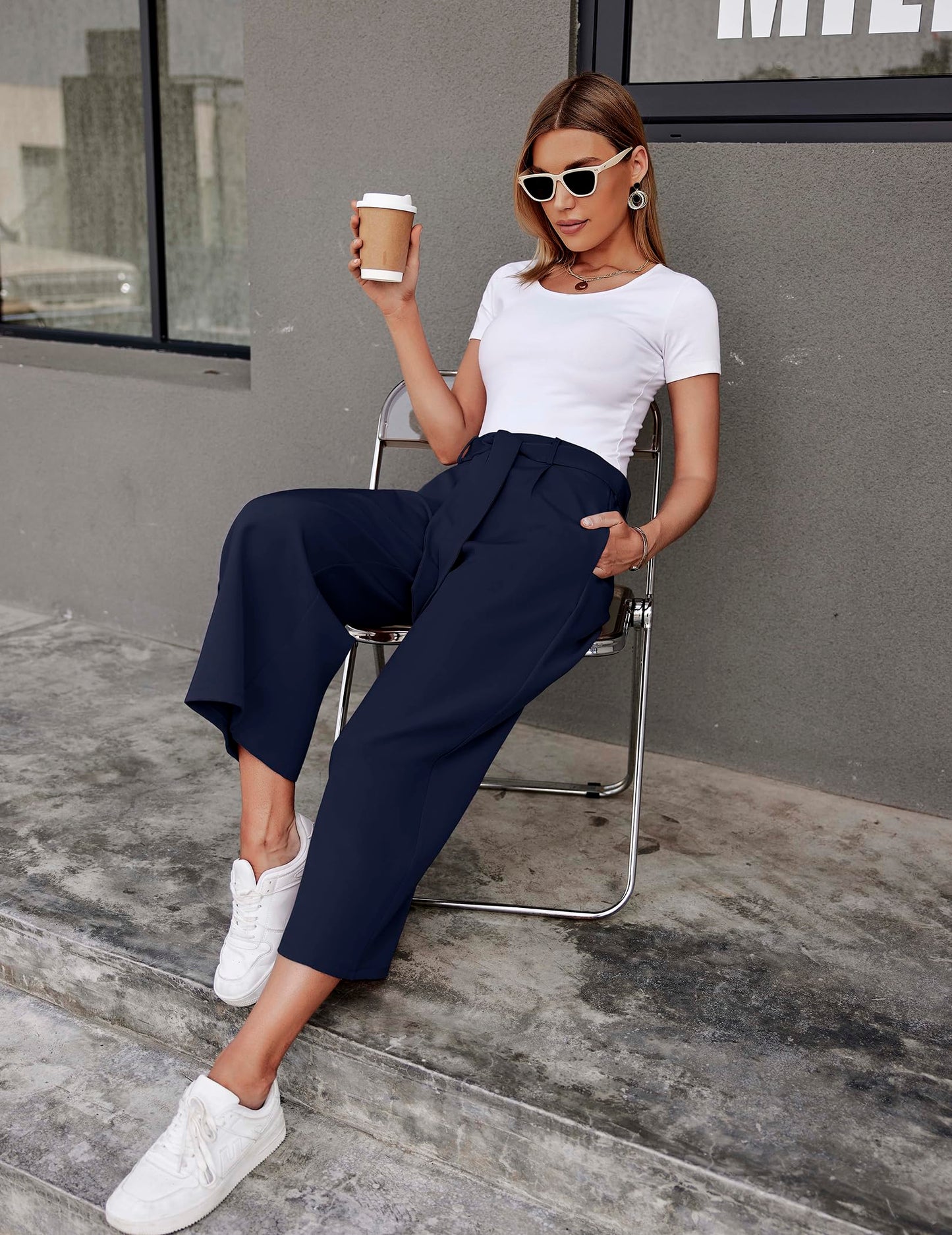 Women's High-Waist 7/8 Wide-Leg Palazzo Trousers Summer Casual – Dark Blue XXL
