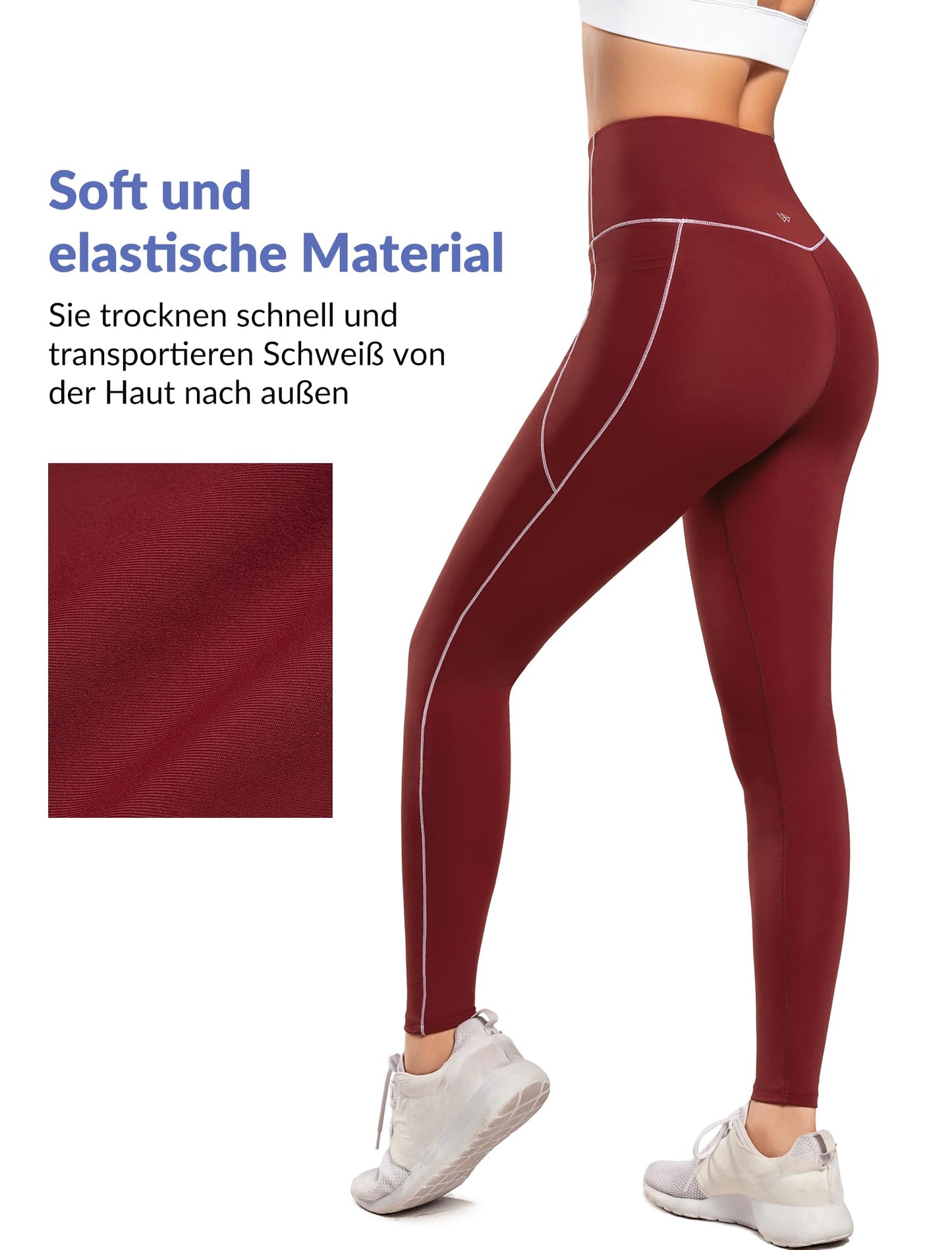 Sport Leggings Women High-Waist Pocket Colour-Block Opaque – Coral Red M