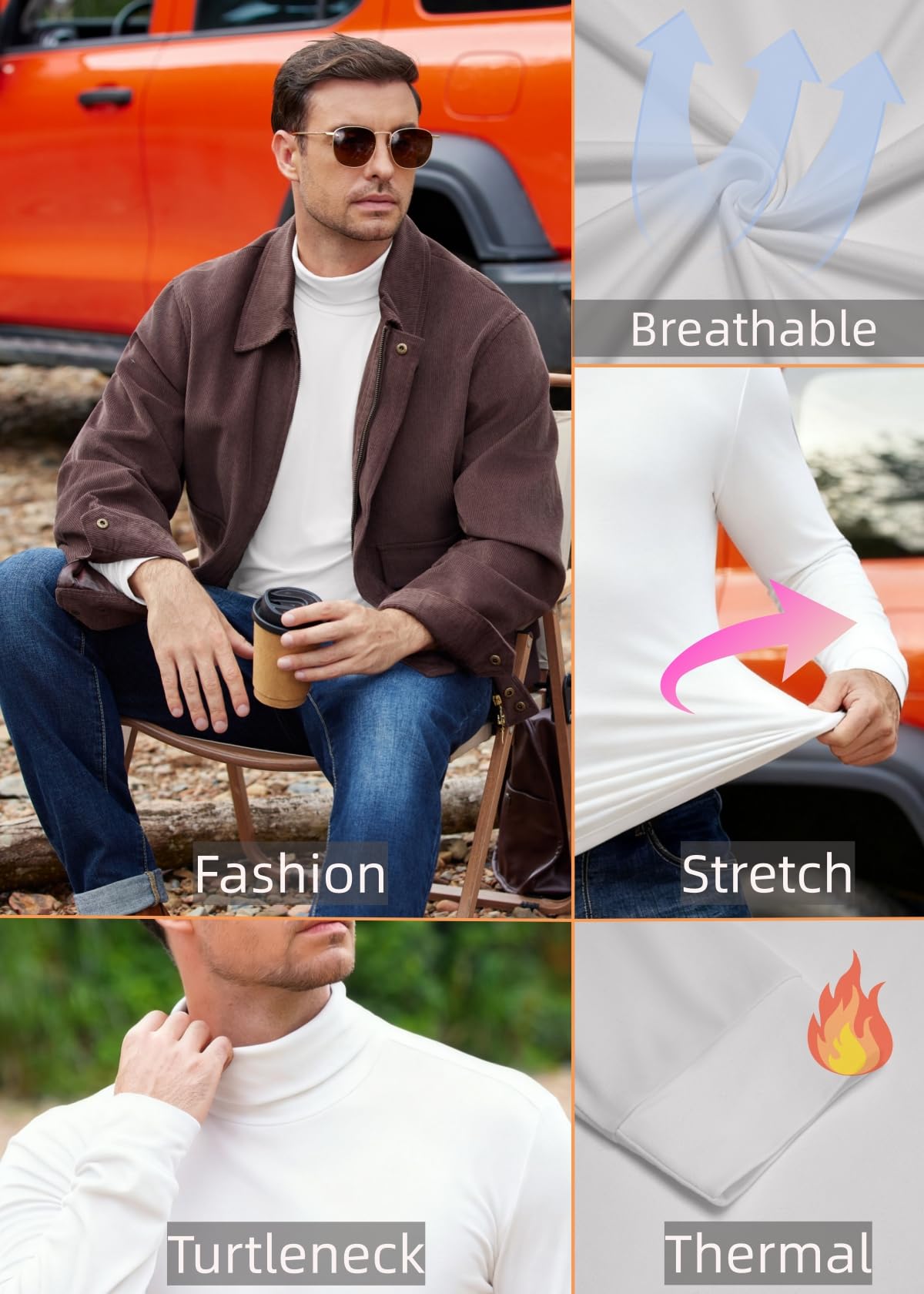 Men's Winter Thermal Undershirt Long Sleeve Turtleneck – Black, White, Khaki XL