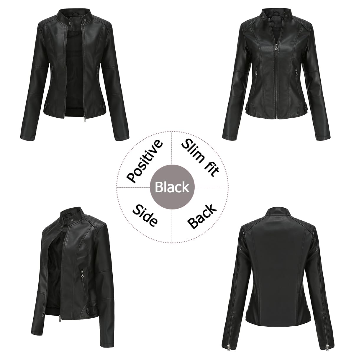 Women’s Faux Leather Short Biker Jacket PU Zipper – Black