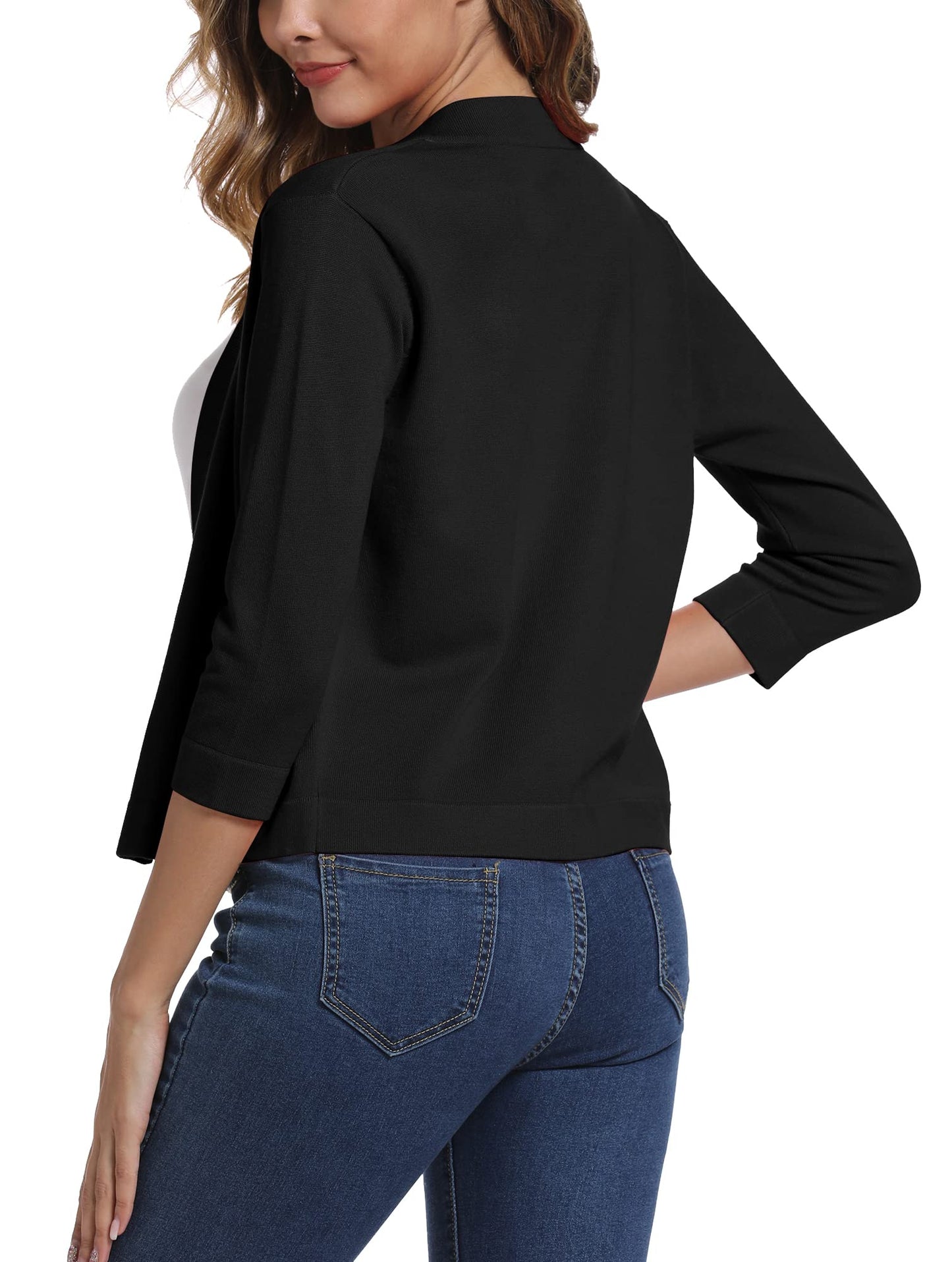 Women's 3/4 Sleeve Open Front Bolero Cardigan Shrug Solid Cardigan Top (L, Black)