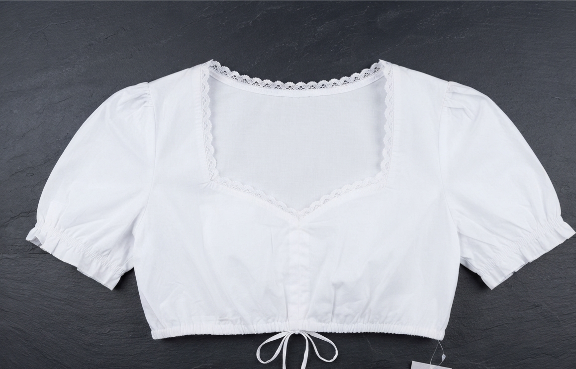 Dirndl blūze sievietēm, tradicionāla, V veida kakla izgriezums, īsas piedurknes – balta, 40