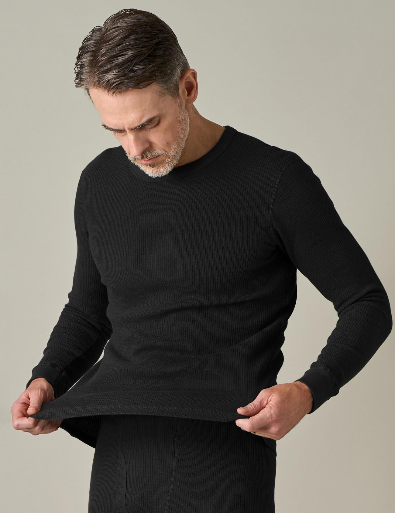 LAPASA Men’s Waffle Thermal Top Warm Knit Undershirt – Black M