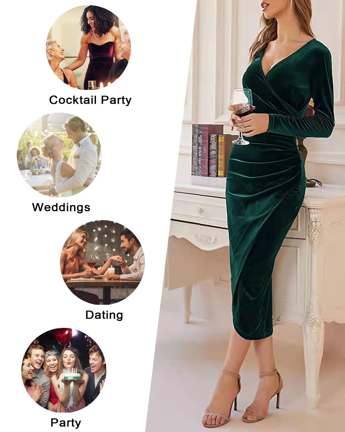 CheChury Women's Elegant Long Sleeve V-Neck Bodycon Party Cocktail Maxi Dresses Autumn and Winter Solid Color with Irregular