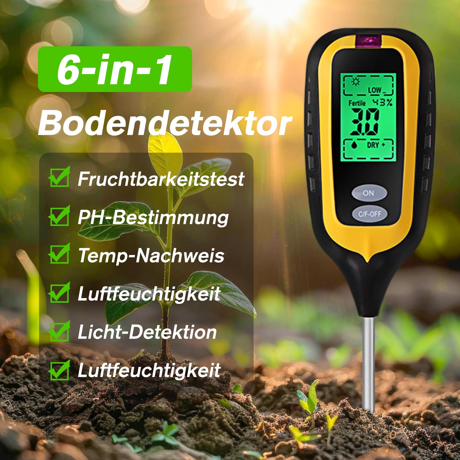 Zilchx ph meter soil, 6-in-1 soil moisture meter for plants, digital soil meter with
