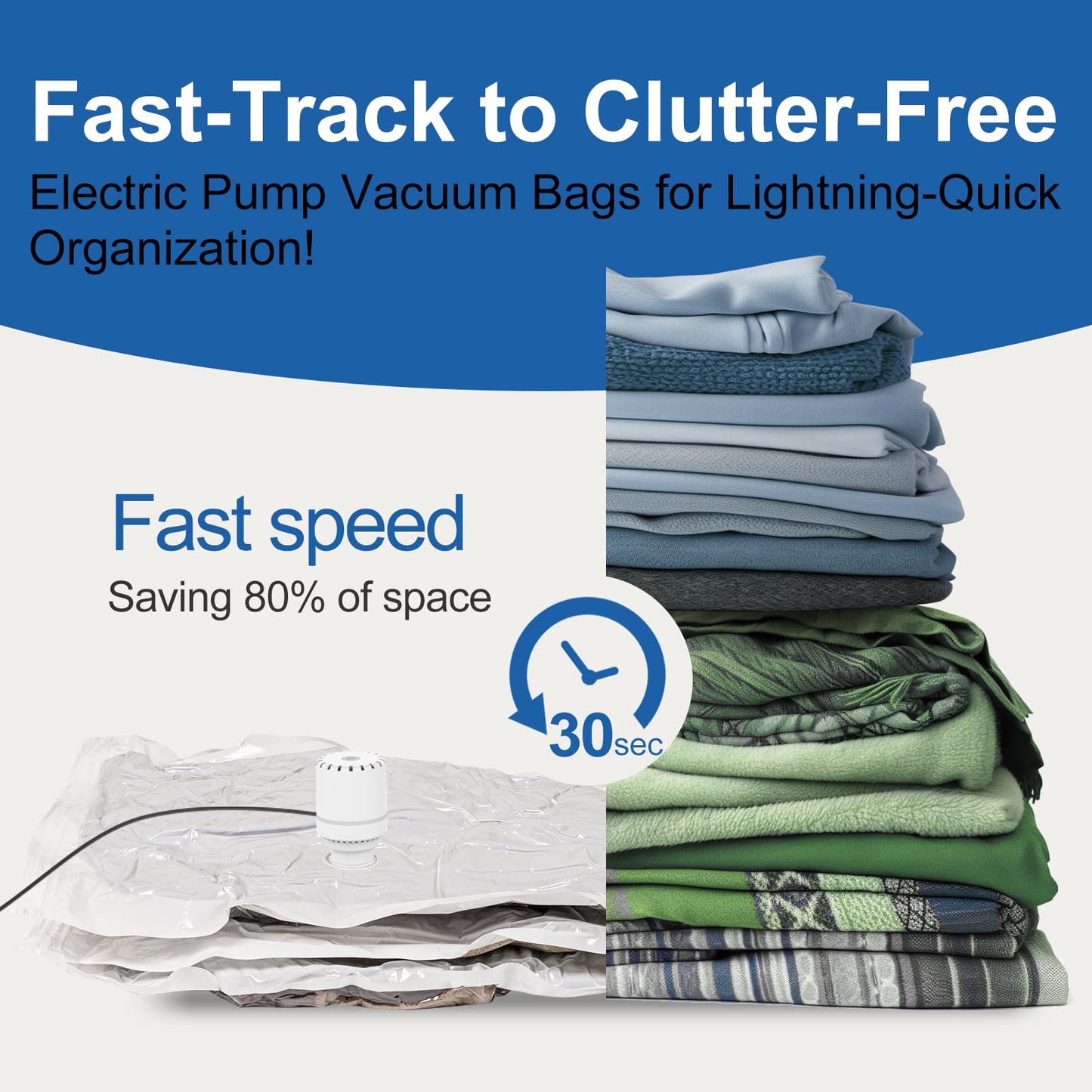 Vacbird Vacuum Bags for Clothes with Electric Pump, 8 Pack Vacuum Storage Bags (4 Large, 2 Medium, 2 Small), Reusable for