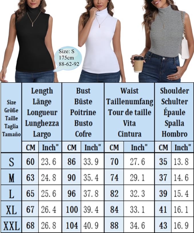 Women's Sleeveless Turtleneck Top 2-Pack Thin Stretch Undershirts – Black & White XL