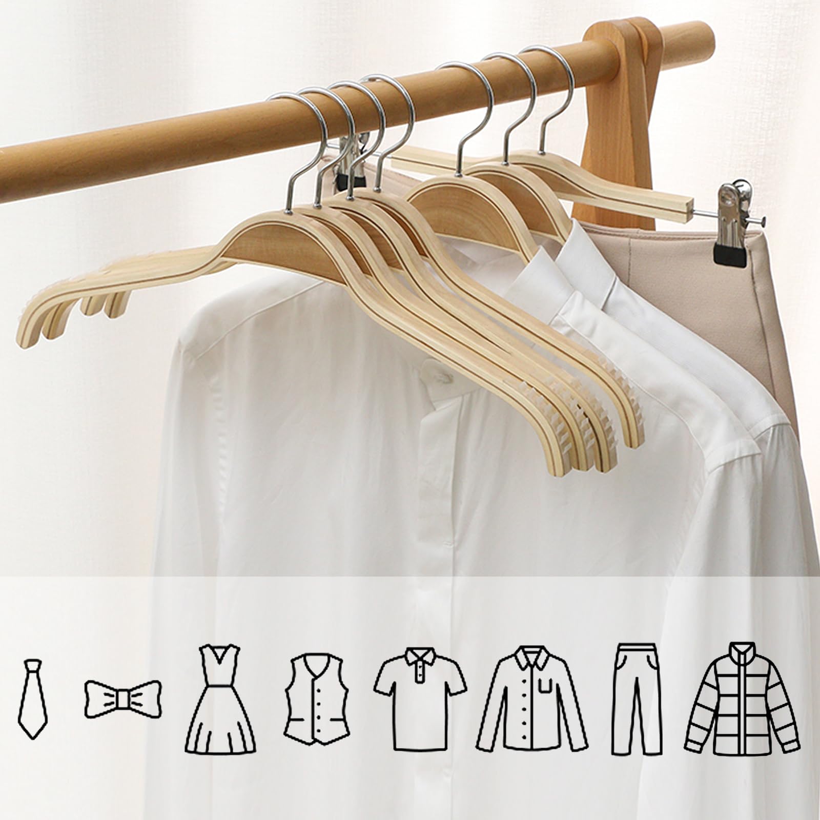 Tebery Pack of 12 wooden coat hangers, non-slip, space-saving wardrobe hangers for trousers, skirts, shirts, suits, 360°