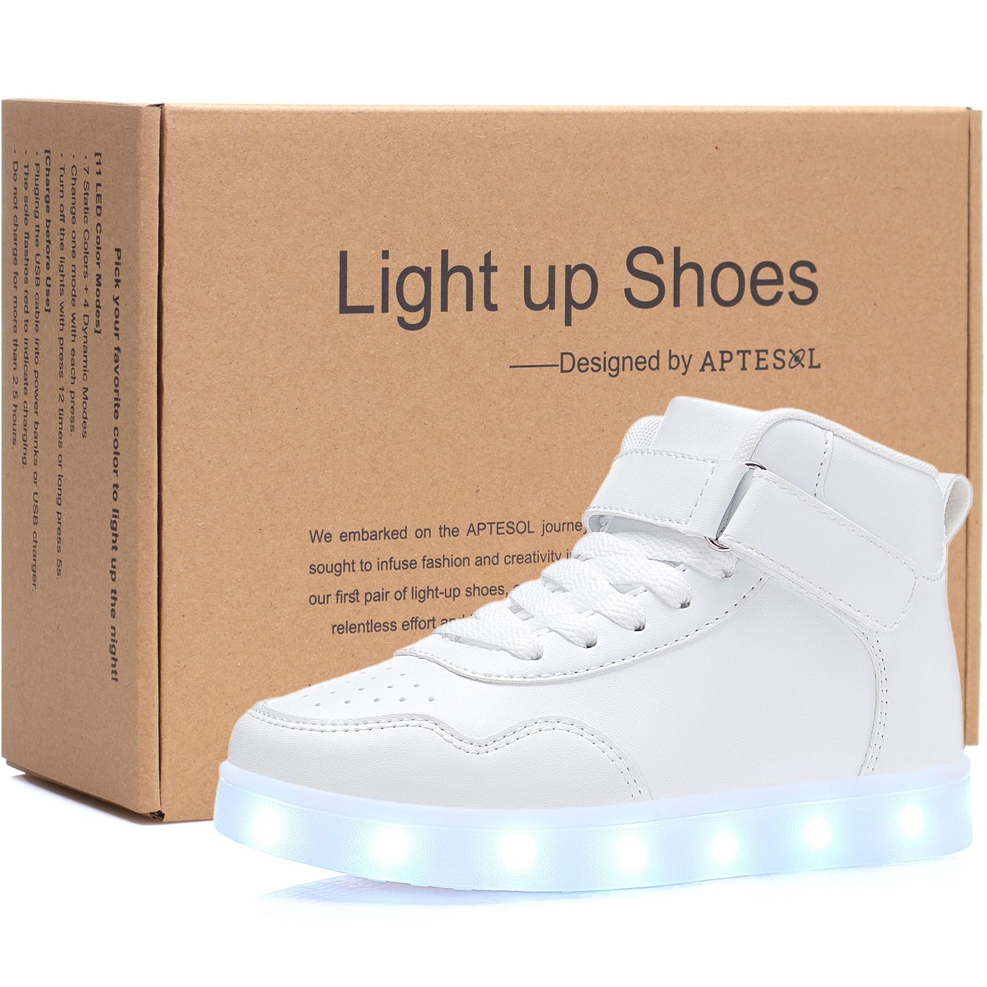 APTESOL Kids LED Light-Up High-Top Sneakers USB Rechargeable – White EU 38