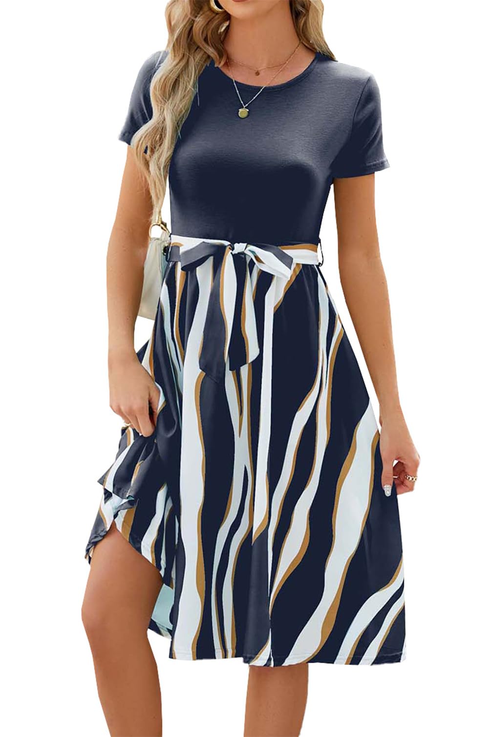 Women’s Striped Knee-Length Summer Dress Short Sleeve Casual with Belt – Striped