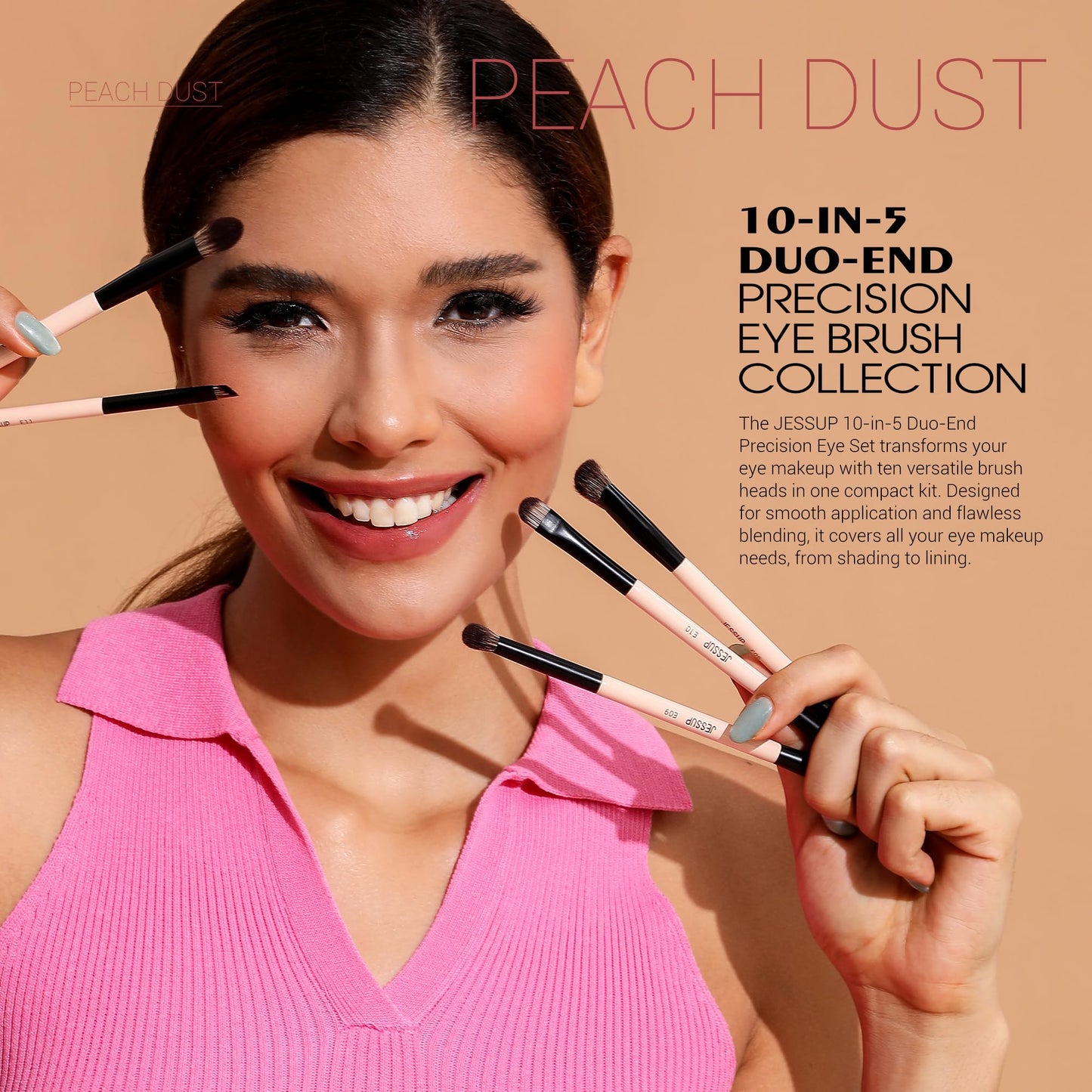 Jessup Eye Brush Set 10-in-5 Double-Ended Precision Vegan Brushes – Peach Dust