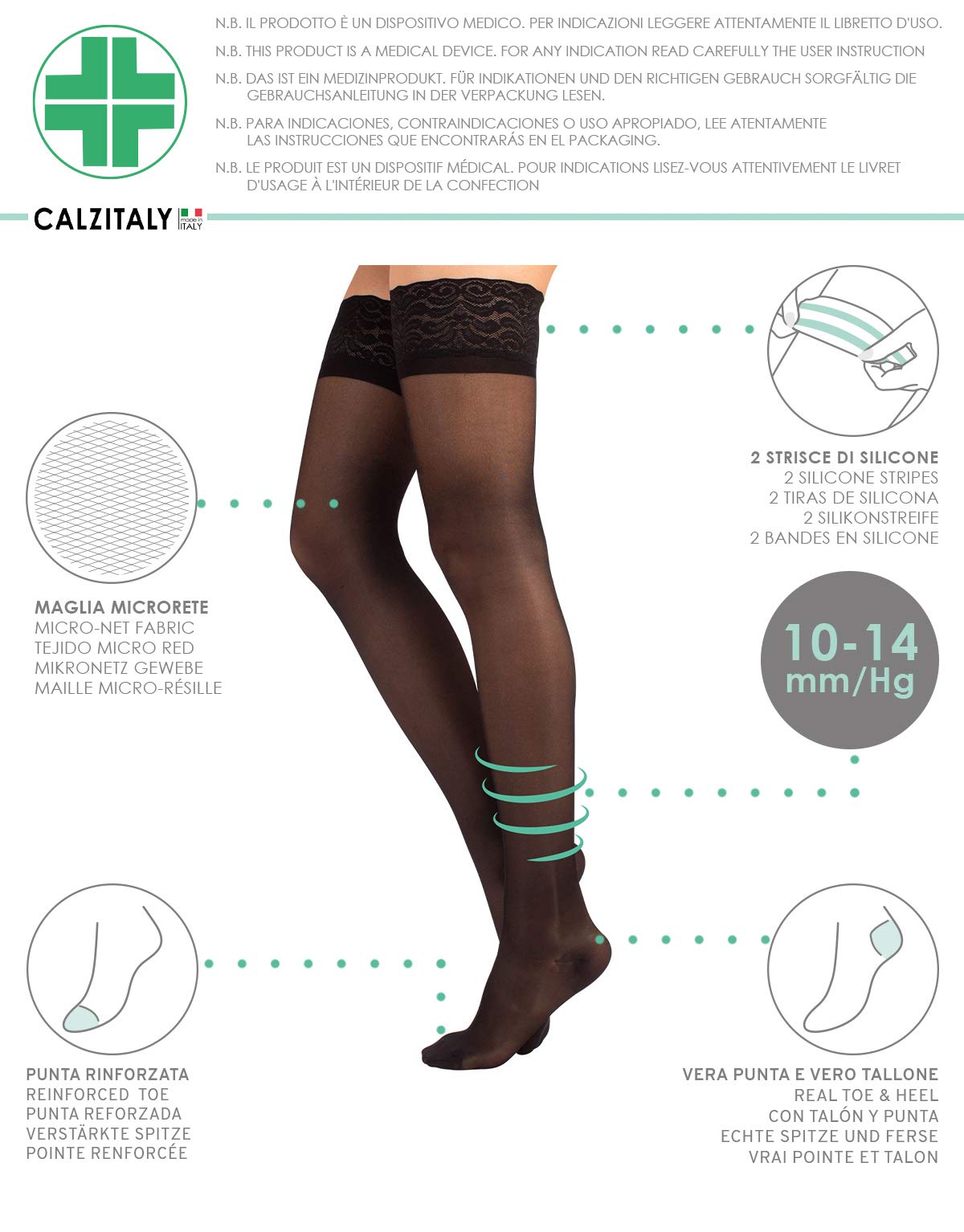 CALZITALY Thigh Highs with Graduated Compression | Support Stockings Medium Compression 10-14 mm/Hg | Black, Skin Color | S,