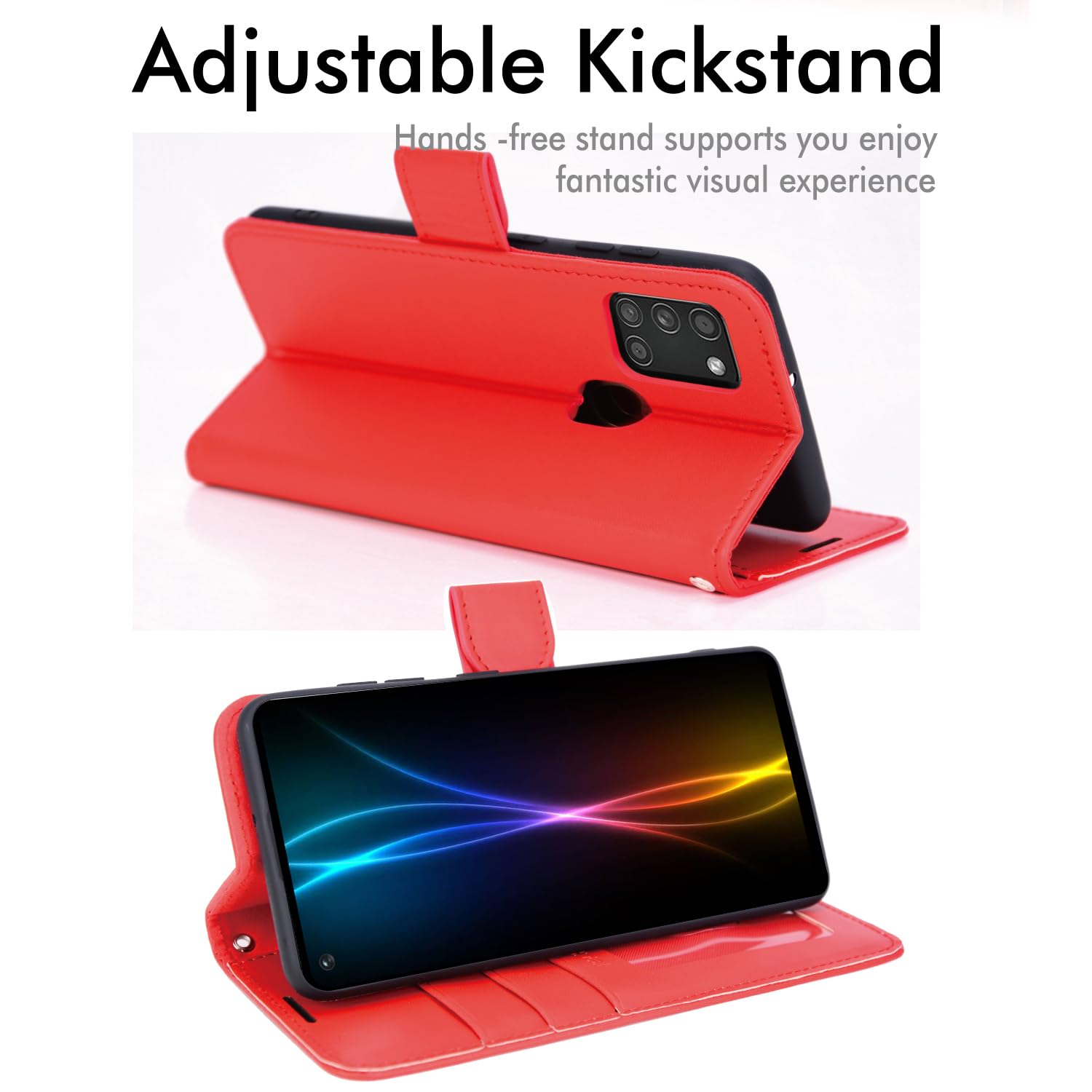 Samsung Galaxy A21s Leather Wallet Case with Card Slots & Wrist Strap – Red