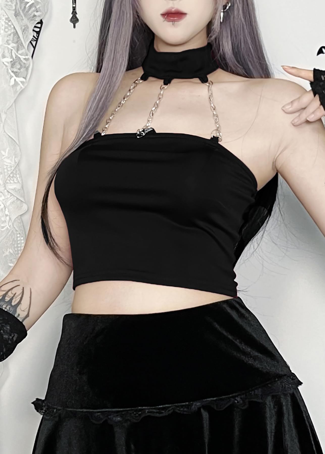 Punk Chain Cropped Halter Tank Top Choker Buckle Gothic Clubwear