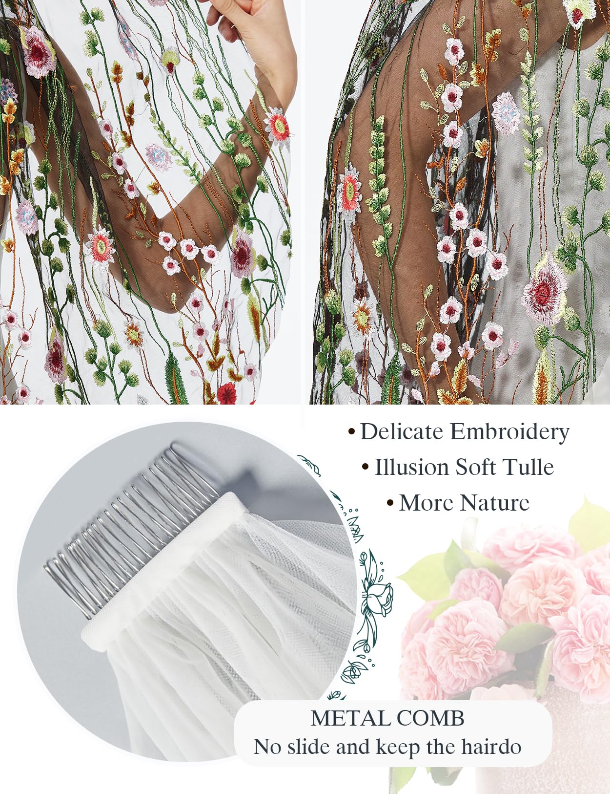 Fingertip Floral Embroidered Tulle Bridal Veil 1-Layer with Comb – White