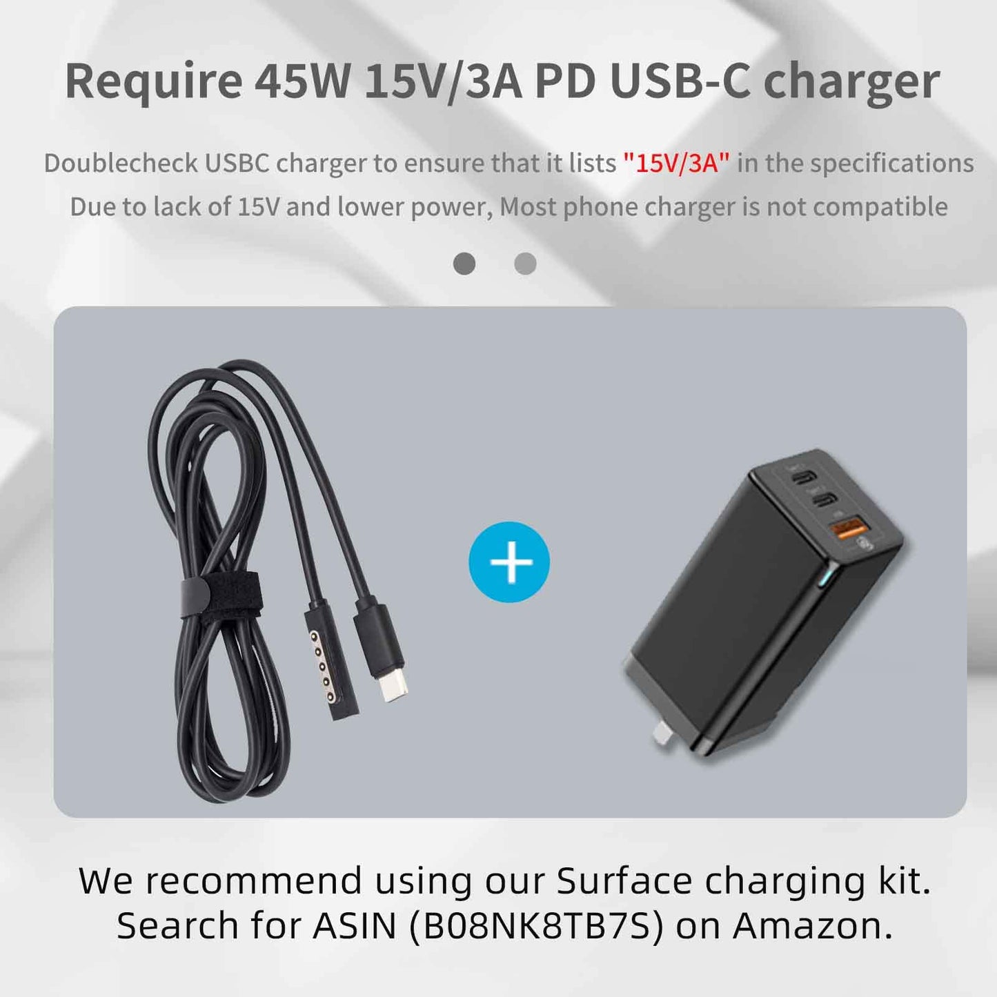 USB C Charging Cable for Surface RT & Pro 1 2 (Black, 1.8 Feet), works with 15V/3A 45W USB-C Charger Compatible with