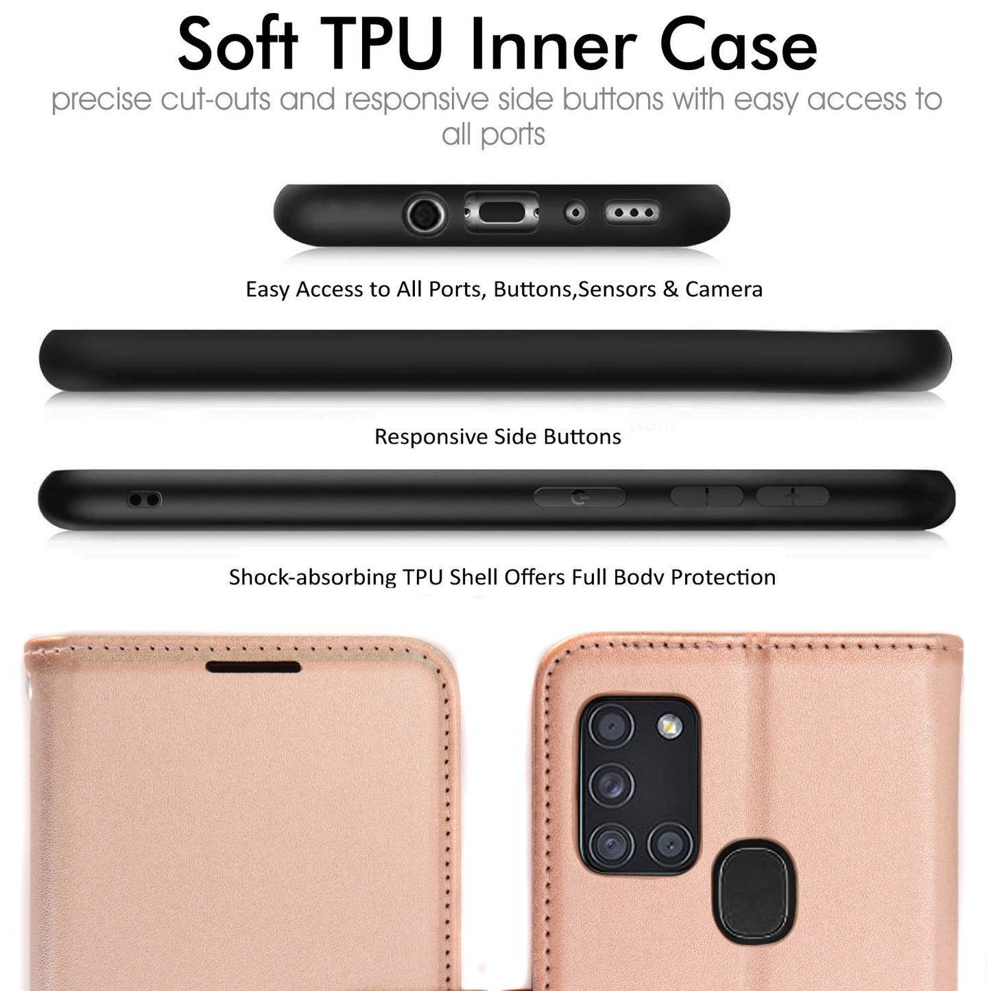 Samsung Galaxy A21s Leather Wallet Case with Card Slots & Kickstand – Rose Gold