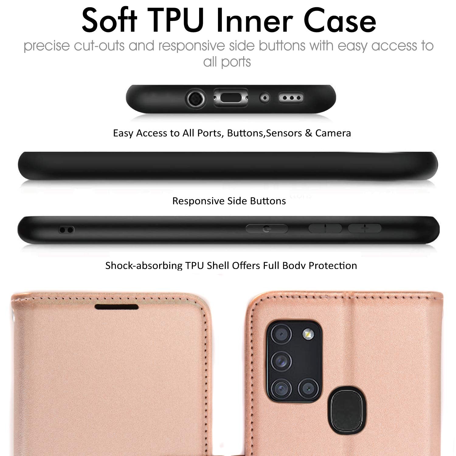Samsung Galaxy A21s Leather Wallet Case with Card Slots & Kickstand – Rose Gold