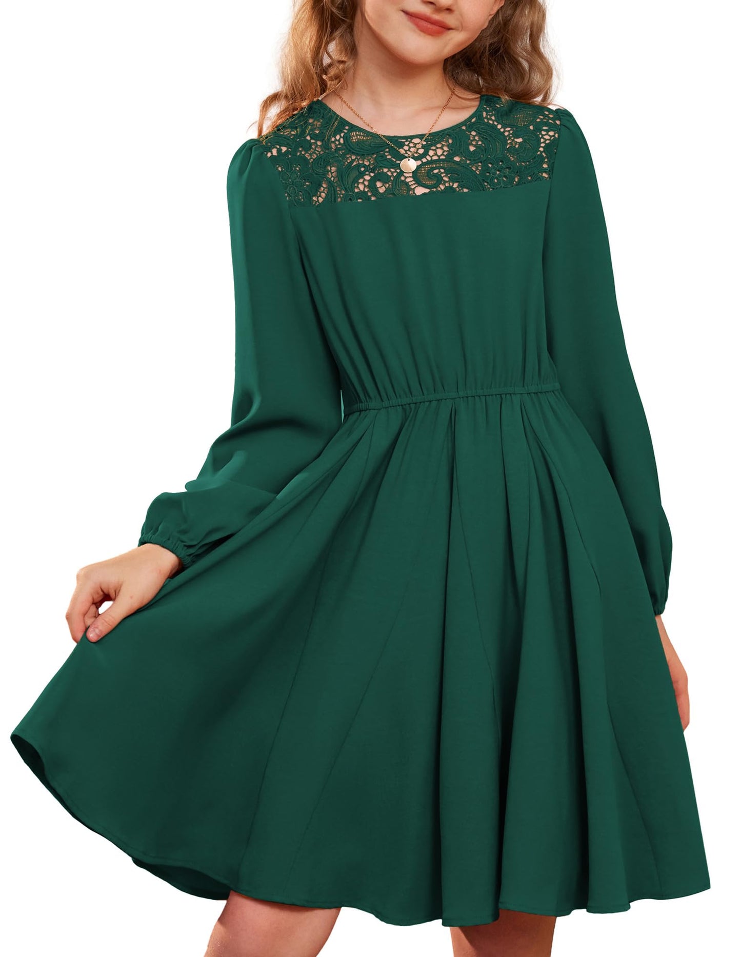 Girls' Mesh A-Line Party Dress Elegant Round Neck Princess – Dark Green 7Y