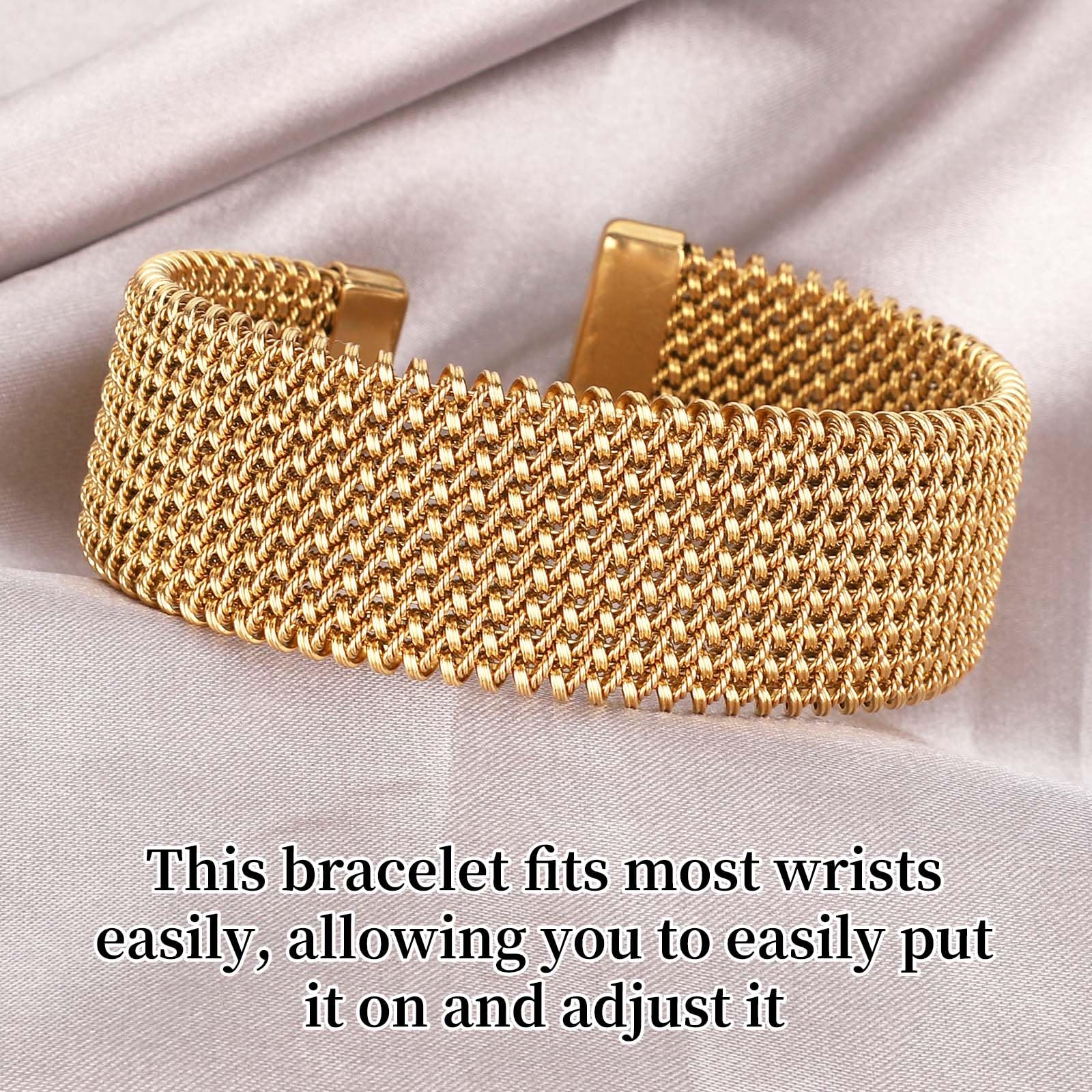 Wide Woven Open Gold Bangle Stainless Steel Mesh Stackable Cuff – Gold
