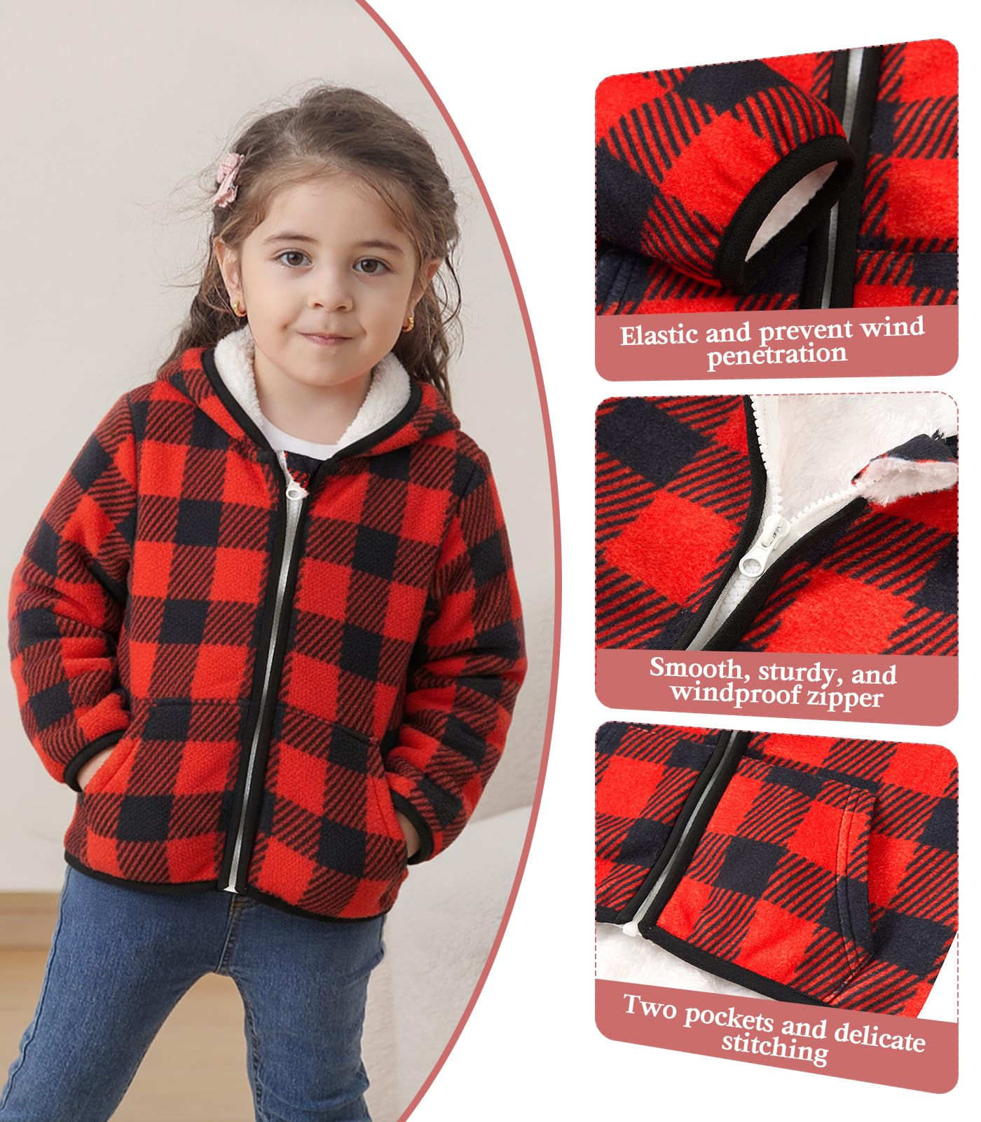 Toddler Girls Hooded Mesh Fleece Jacket Zipper – Red/Black 2–3 Years