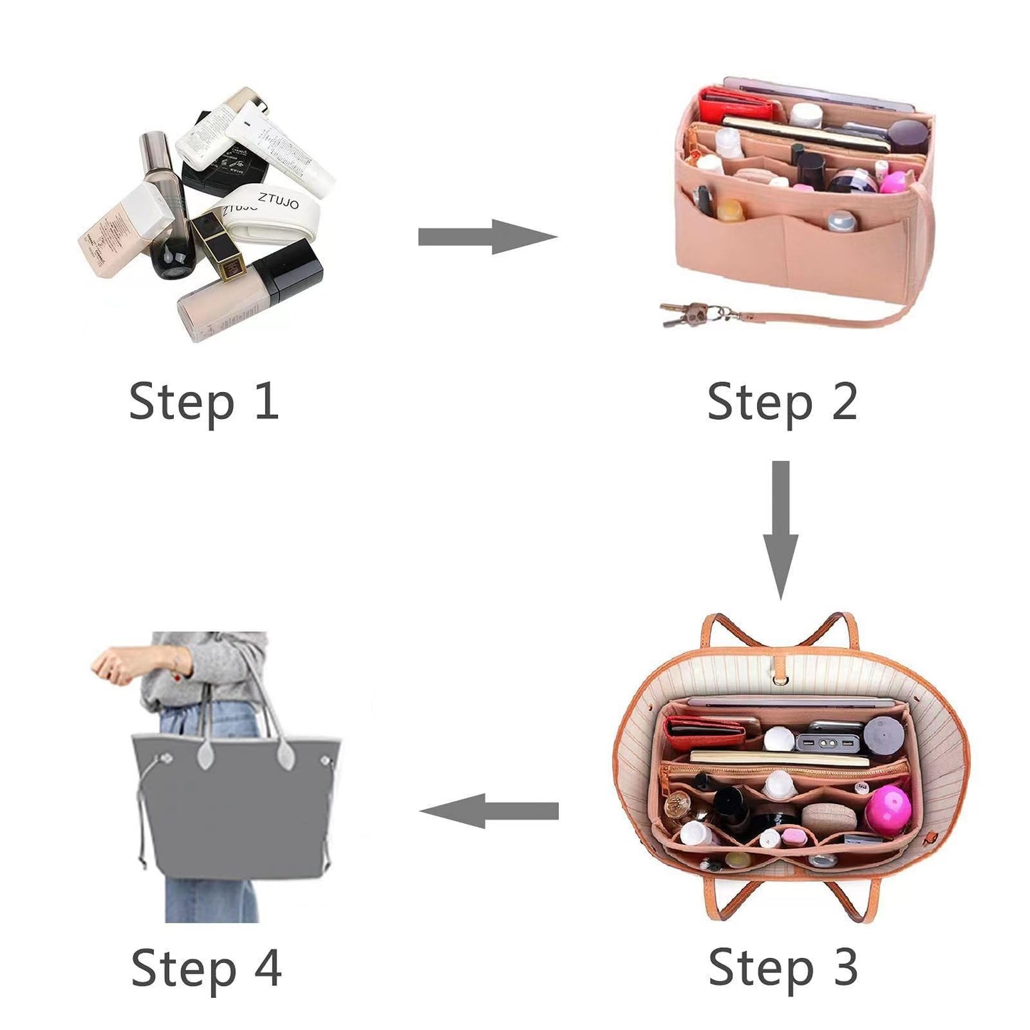 Felt Bag Organizer Multifunctional Handbag Organizer with Compartments Wallet Zipper Felt Handbag Organizer for Travel