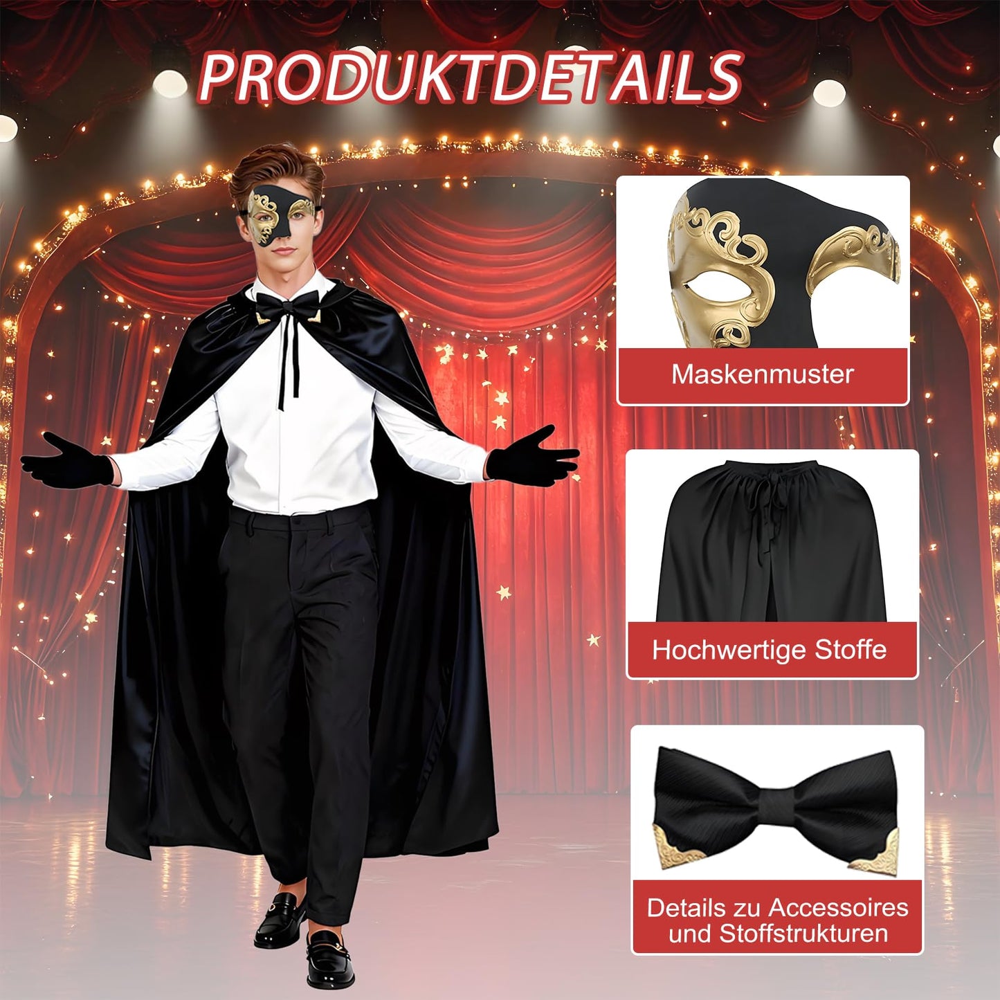 Adult Opera Carnival Costume Cape Venetian Masquerade Mask Gloves Bow Tie – One Size