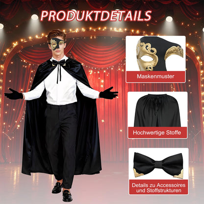 Adult Opera Carnival Costume Cape Venetian Masquerade Mask Gloves Bow Tie – One Size