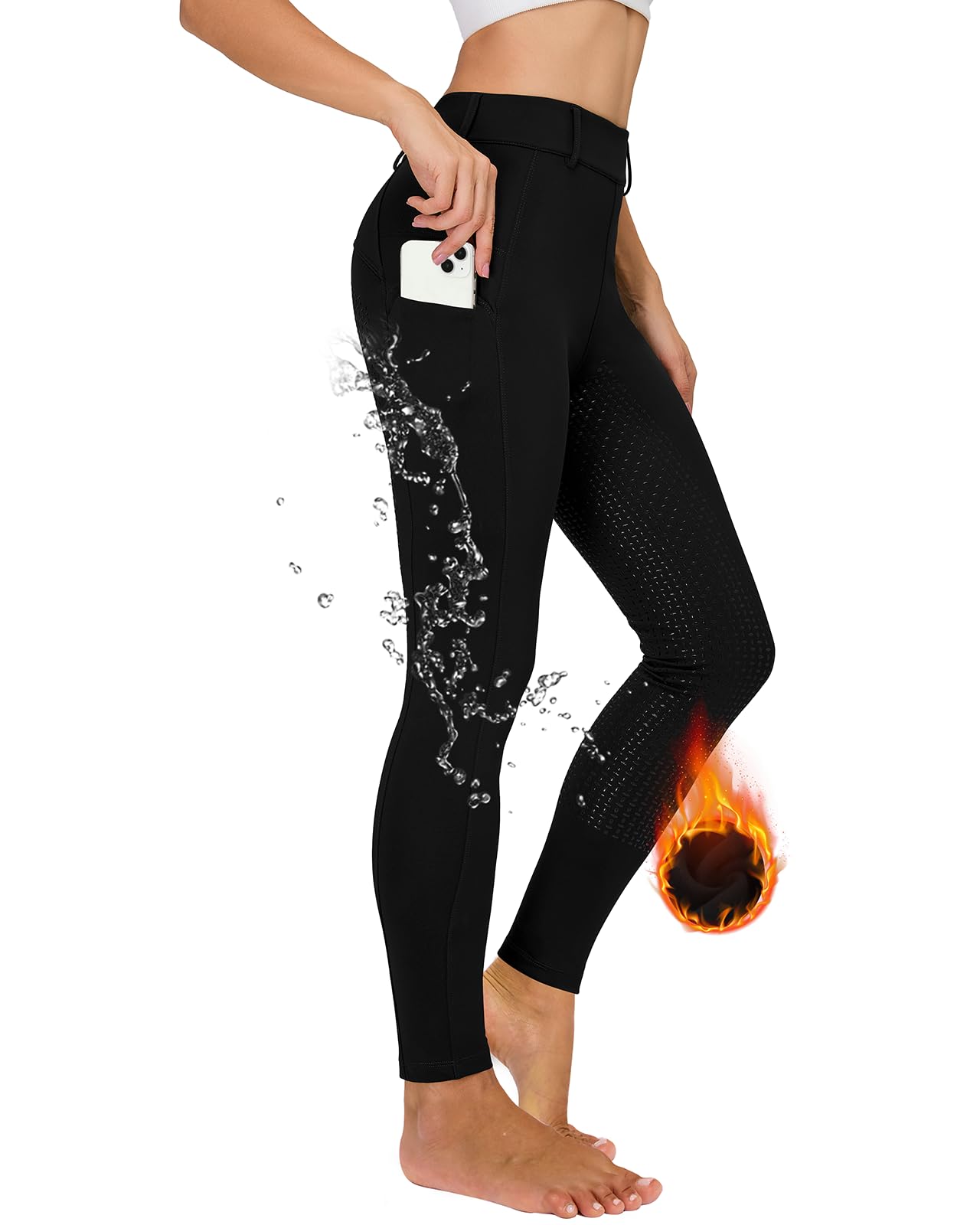 Winter riding leggings women's full seat thermal riding pants women's fleece lined waterproof with mobile phone pocket belt