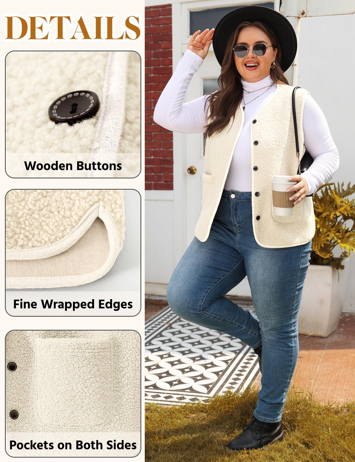 Women's Teddy Fleece Vest V-Neck Sleeveless Button Pockets Machine Washable – Black XXL
