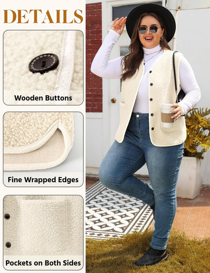 Women's Teddy Fleece Vest V-Neck Sleeveless Button Pockets Machine Washable – Black XXL