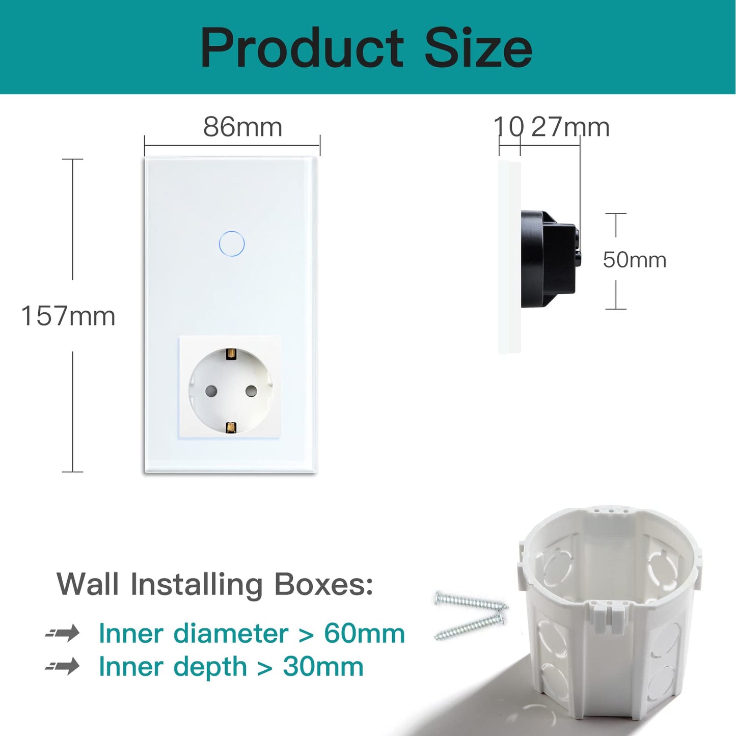 BSEED Normal Schuko Socket with Smart Alexa Light Switch 16 Amp Glass WiFi Touch Sensor Wall Switch Compatible with Alexa and