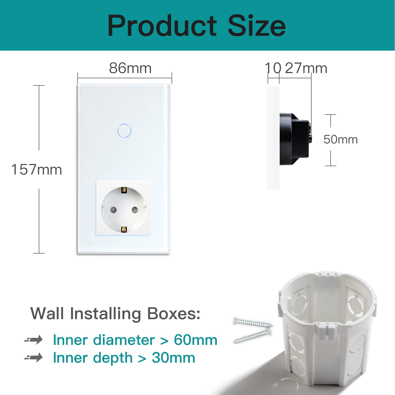 BSEED Normal Schuko Socket with Smart Alexa Light Switch 16 Amp Glass WiFi Touch Sensor Wall Switch Compatible with Alexa and