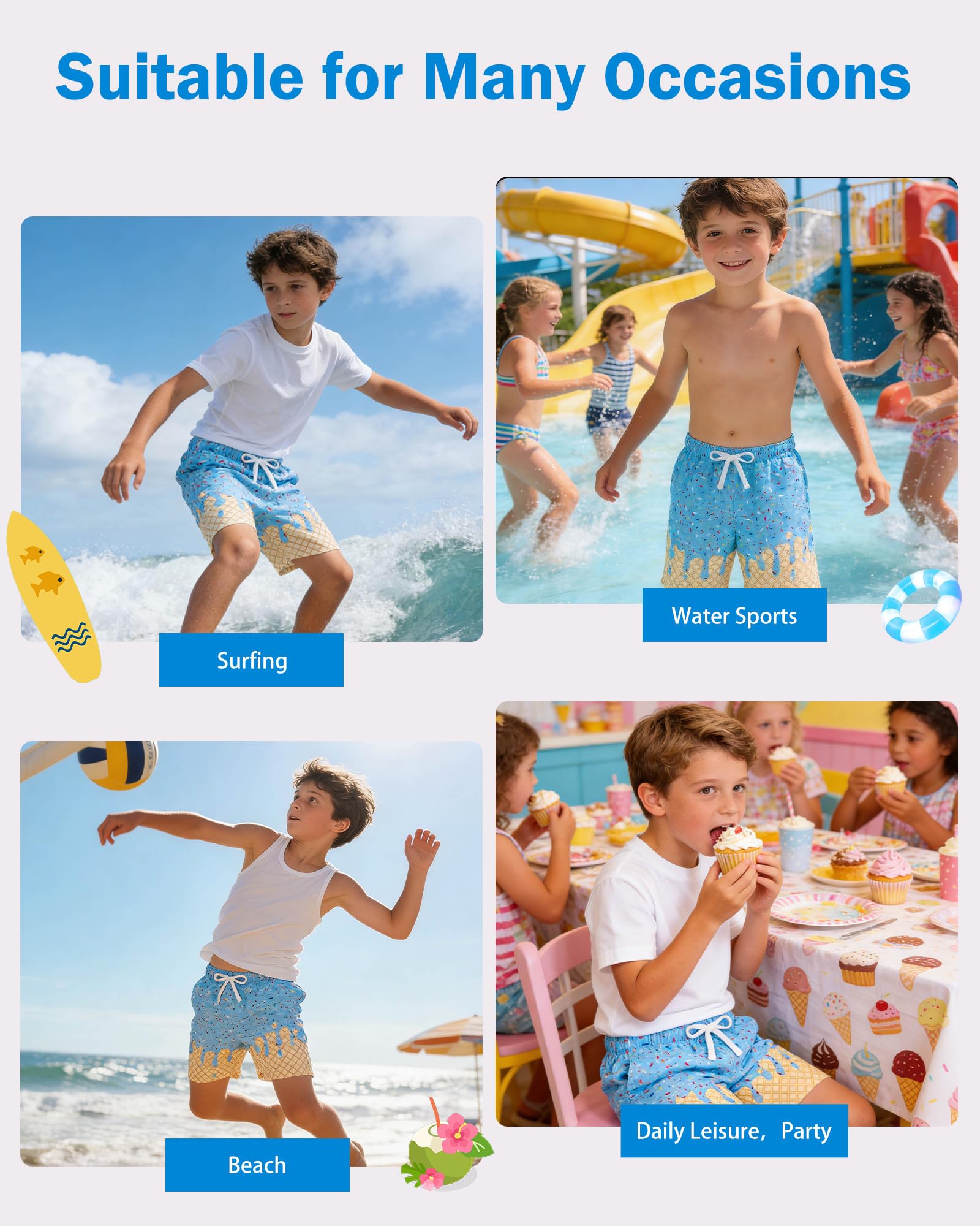 Boys' 2-in-1 Swim Shorts Compression Lining 3D Ice Cream Print Quick-Dry – Blue 7 Years