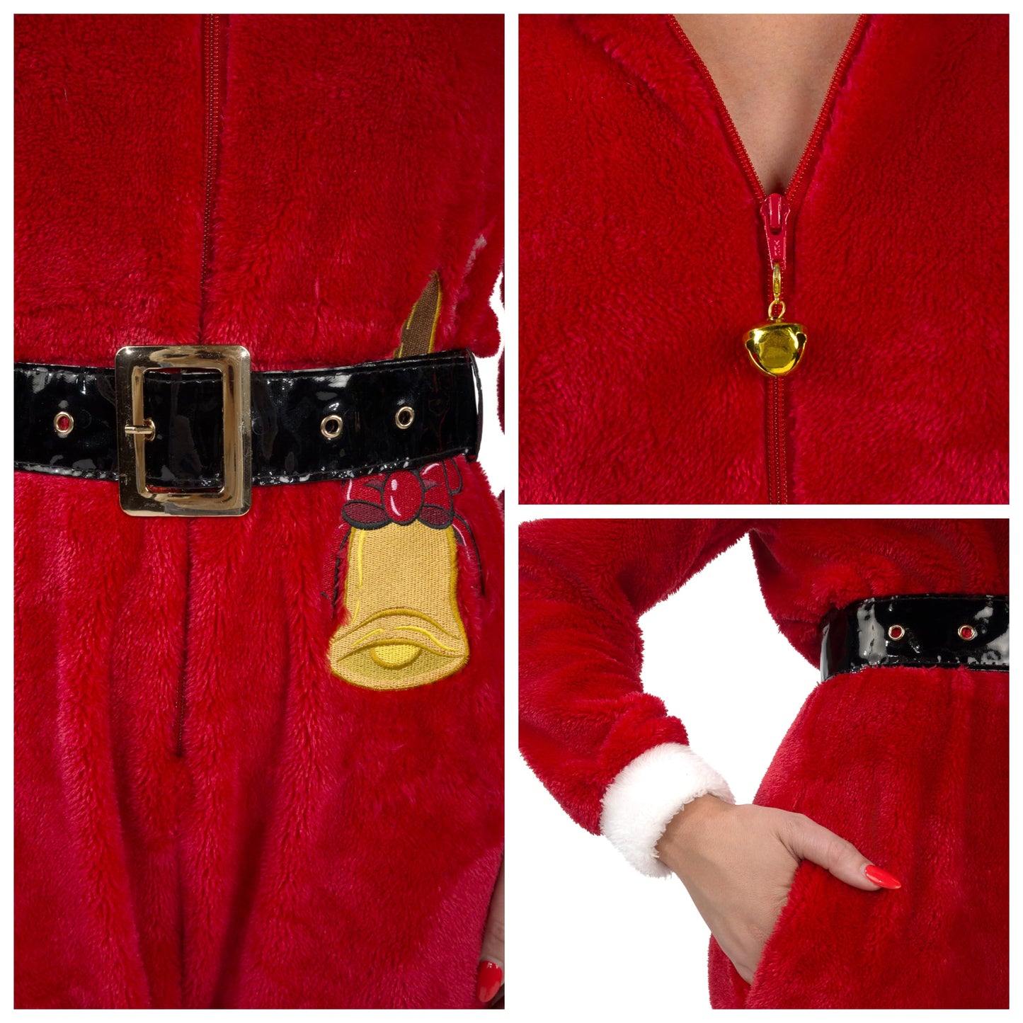 Women's Santa Hooded One-Piece Fleece Pyjama Front Zip Christmas Costume - Red XL