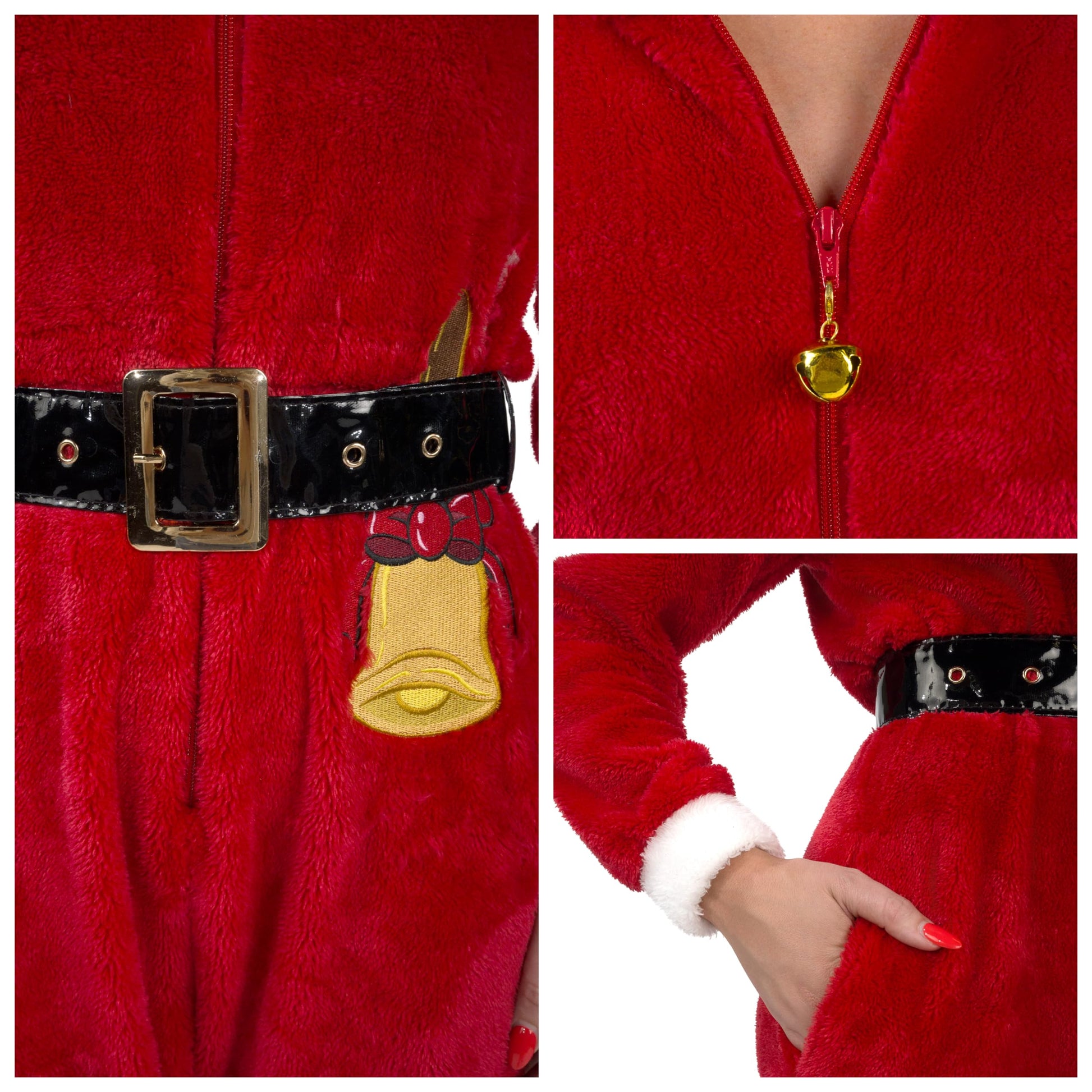Women's Santa Hooded One-Piece Fleece Pyjama Front Zip Christmas Costume - Red XL