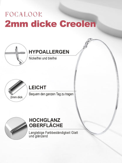 100mm Hoop Earrings Large Round Silver-Coloured – Elegant for Women