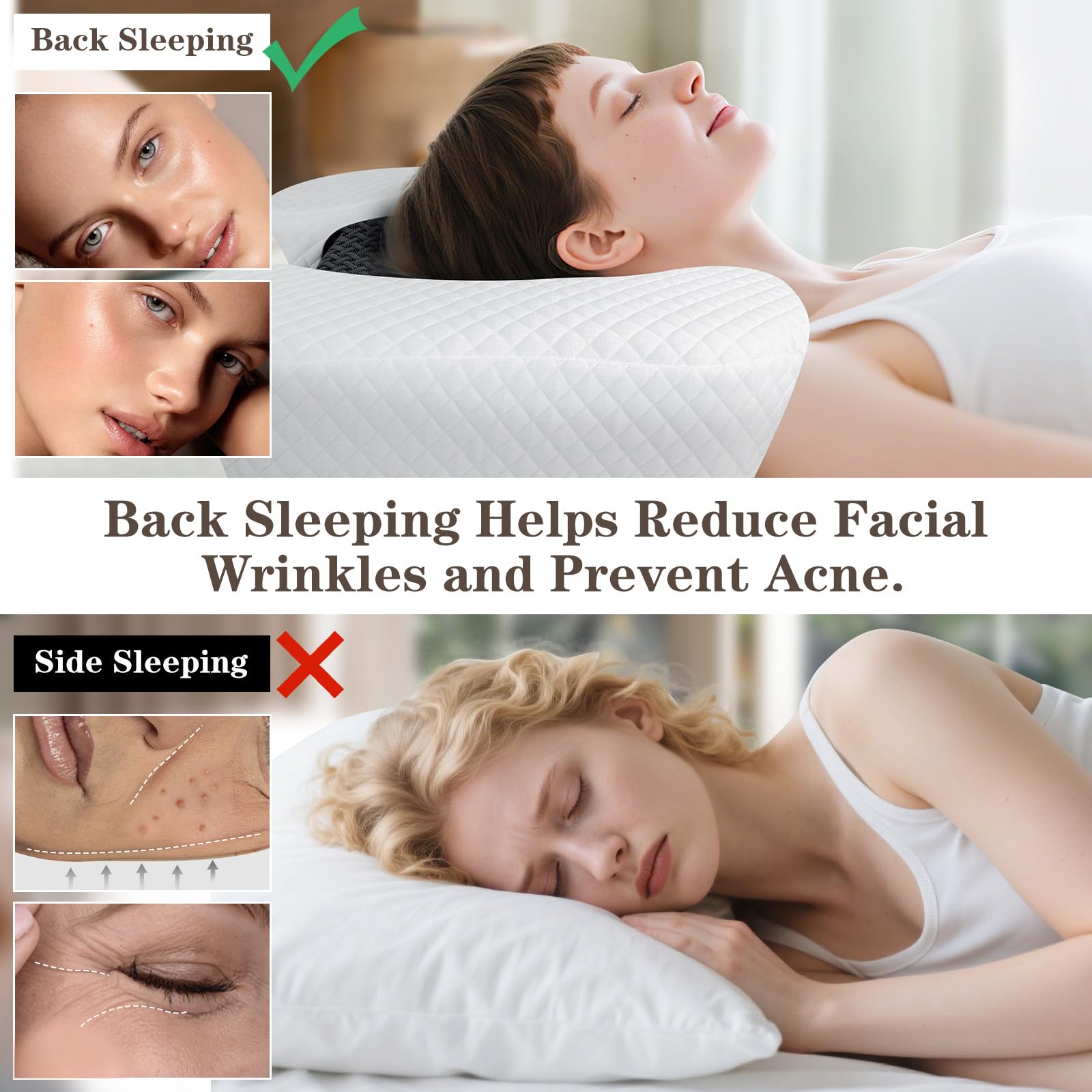 Memory Foam Pillow for Back Sleepers Anti-Aging Anti-Wrinkle Neck Support Removable Cover – Black