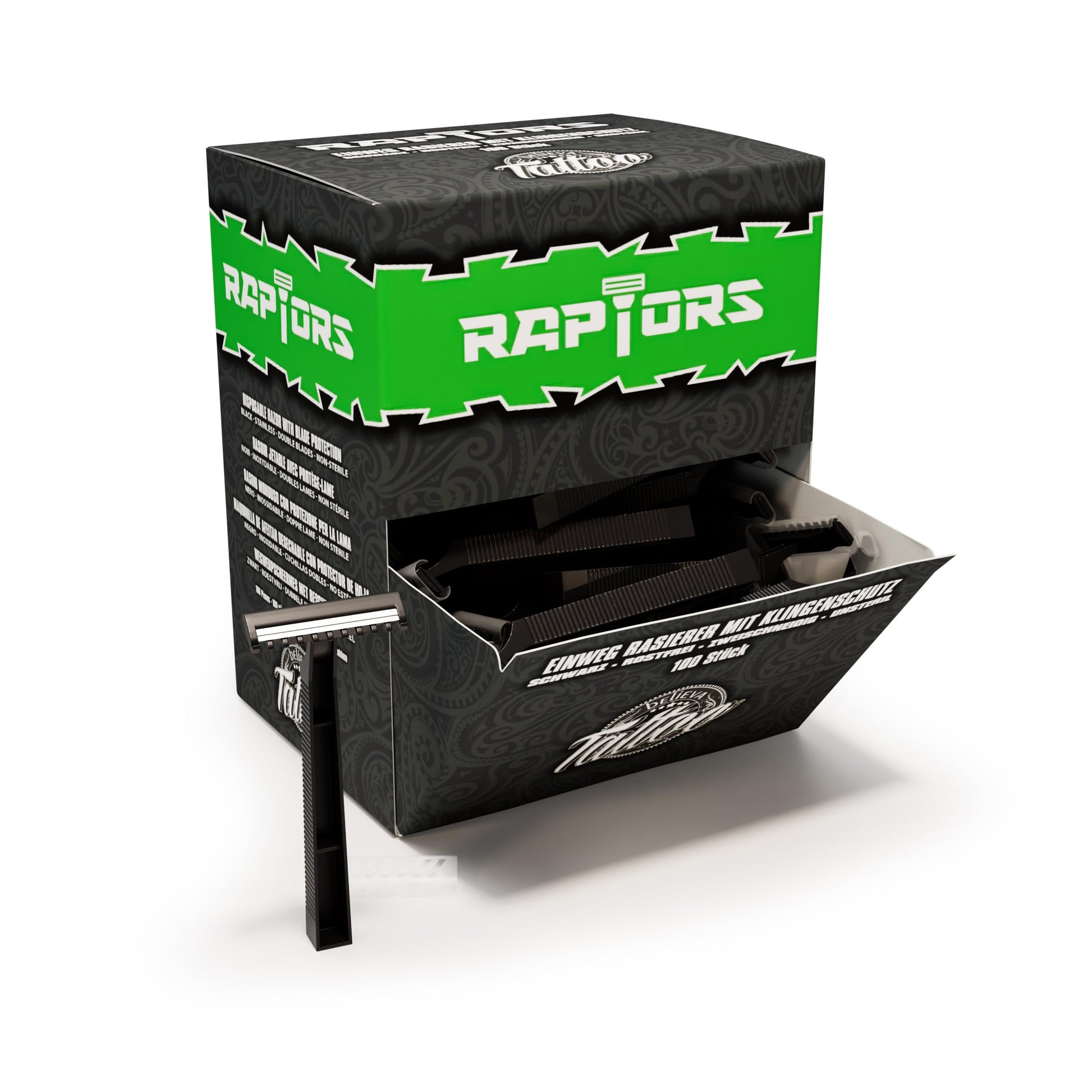 Believa Tattoo Raptors Disposable Razors - 100 pcs. - Black - Double-edged - Disposable Razors for Studio & Grooming