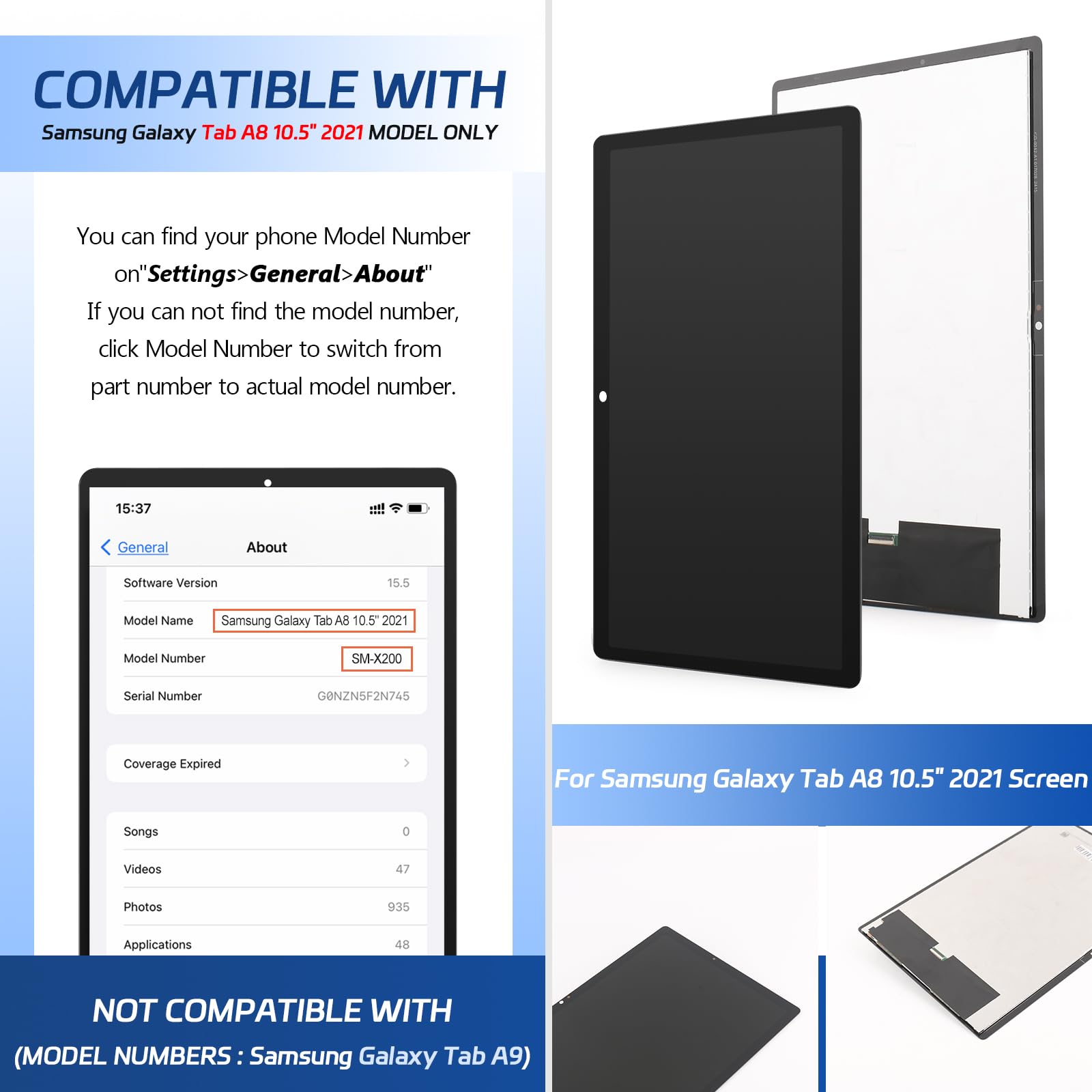 LCD Display Assembly Replacement for Samsung Galaxy Tab A8 10.5in SM-X200 (Incl. Tools) – Black