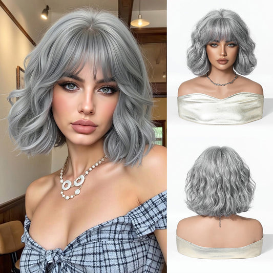 OUFEI Short Wavy Bob Wig Heat Resistant Synthetic Hair – Grey and White